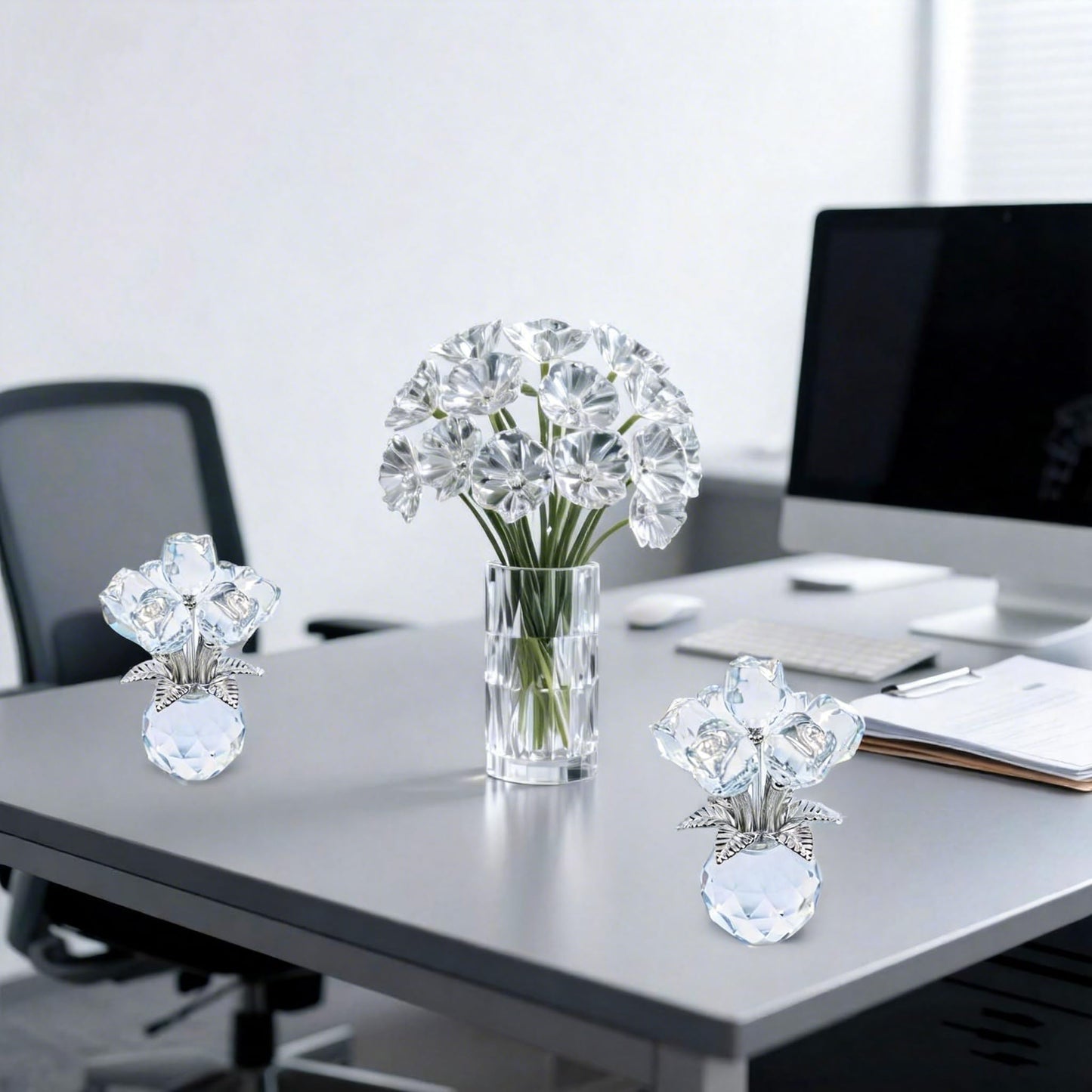 YINBEILIXU Crystal Rose Flower Figurine with Round Vase, Crystal Flowers, Glass Flowers, Glass Rose, Crystal Figurine Gifts for Women Mom Wife,Birthday Anniversary Home Decor, Silver Leaf (Pink)