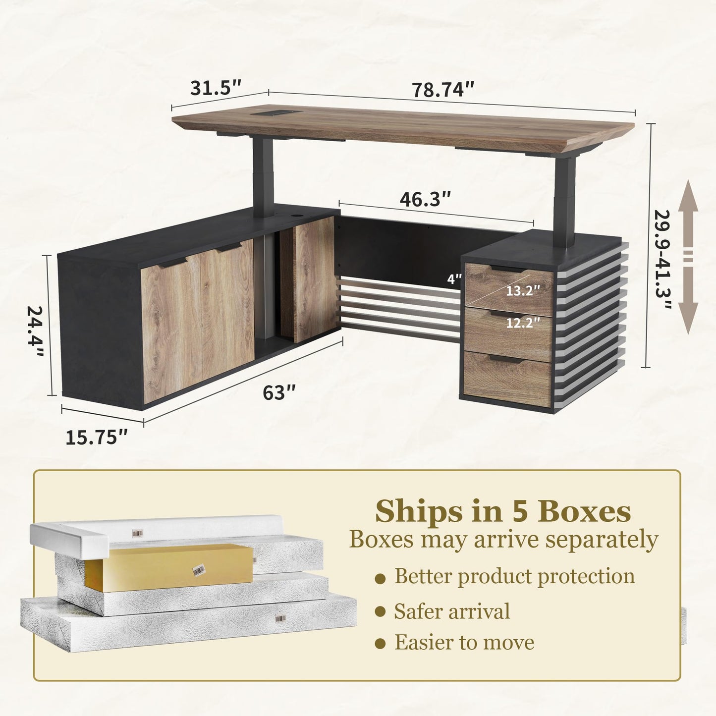78.74IN Adjustable Heigh L Shaped Executive Desk with Drawers, Modern Executive Standing Home Office Desk w/Universal Charging Ports, Large Business Workstation w/Cord Management,Black and Warm Oak