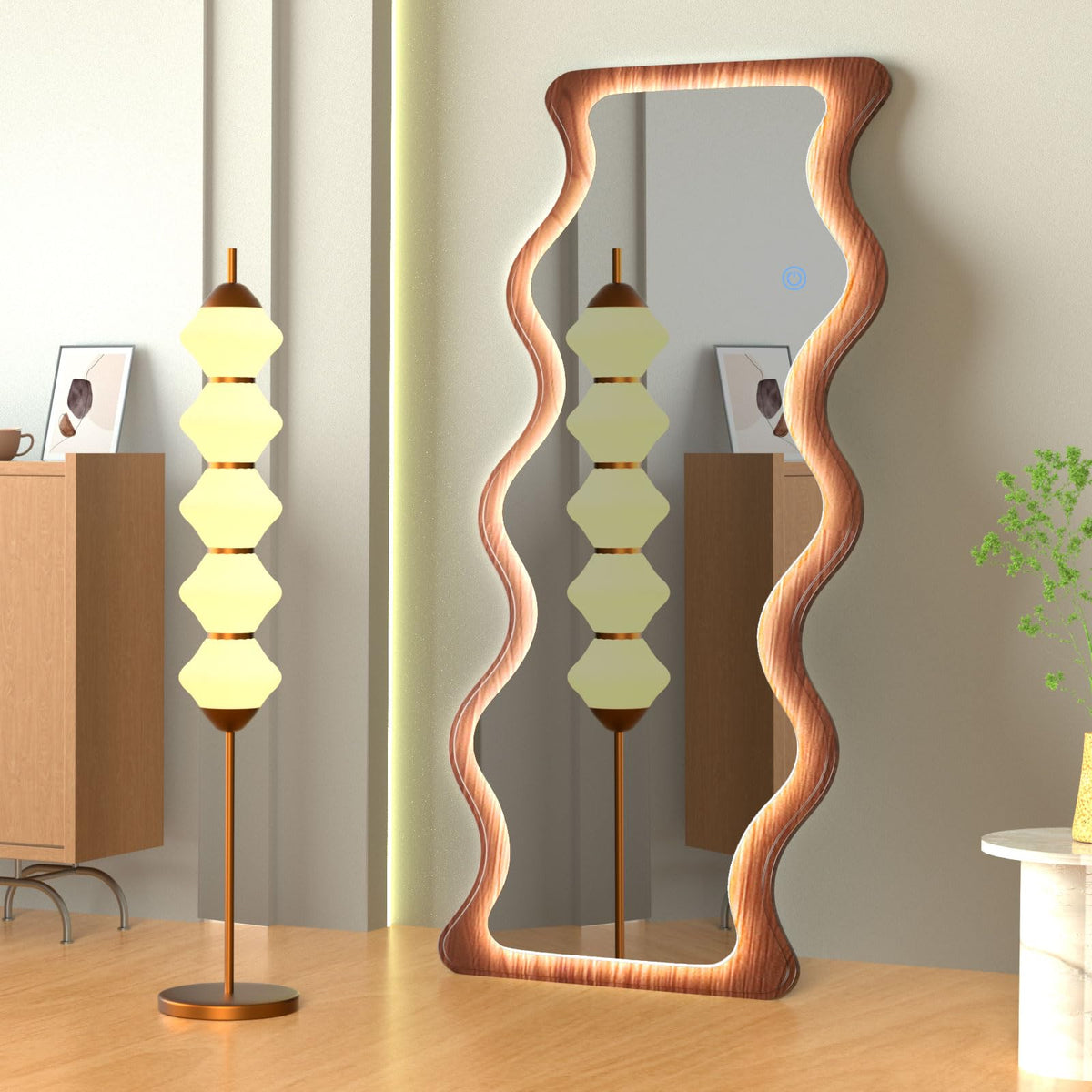 osemy 65"x 24" Irregular Wavy LED Full Length Mirror with Lights Wood Frame Full Body Mirror, Free Standing/Wall Mounted/Leaning for Dressing Bedroom Living Room Walnut Brown