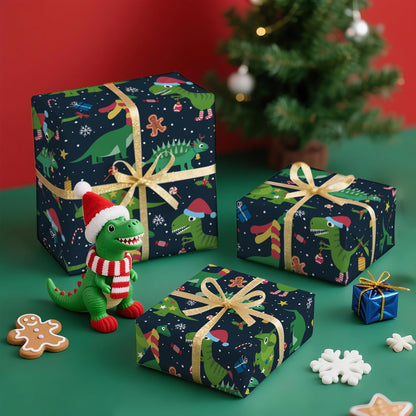 WRAPAHOLIC Dinosaur Christmas Wrapping Paper - Mini Roll - 17 Inch x 16.5 Feet - Green Christmas Dinosaur Wrapping Paper for Boys Girls Kids, Xmas Holiday, Party Celebration