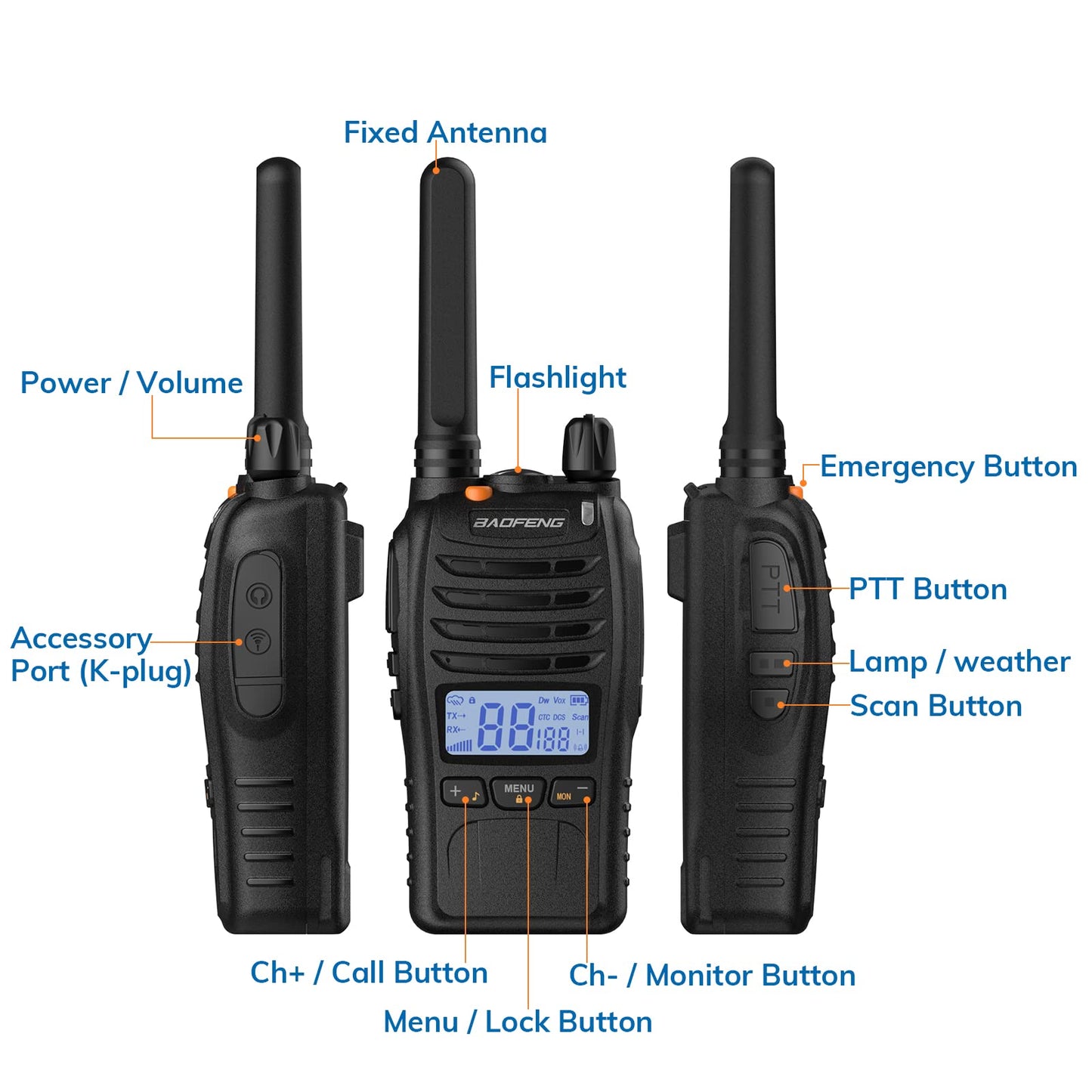 BAOFENG BF-88ST Pro Walkie Talkie, Upgraded Long Range Rechargeable License-Free PMR446 Two Way Radios with LCD Display, VOX Dual Watch, Desktop Charger and Earpieces, 4 Pack