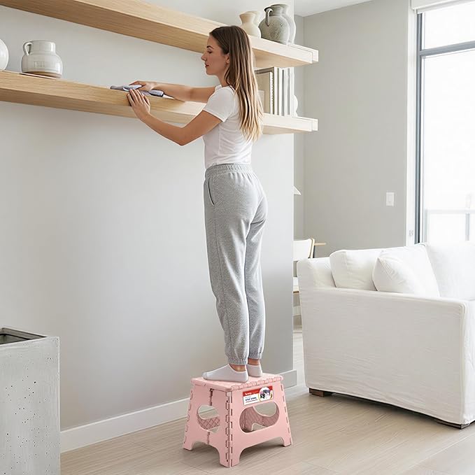ACSTEP Folding Step Stool 11 Inch, Sturdy Plastic Foldable Step Stool for Kids & Adults, Non Slip Lightweight Collapsible Foot Stools Holds 300 lbs, Ideal for Kitchen, Bathroom, Bedroom, Light Pink