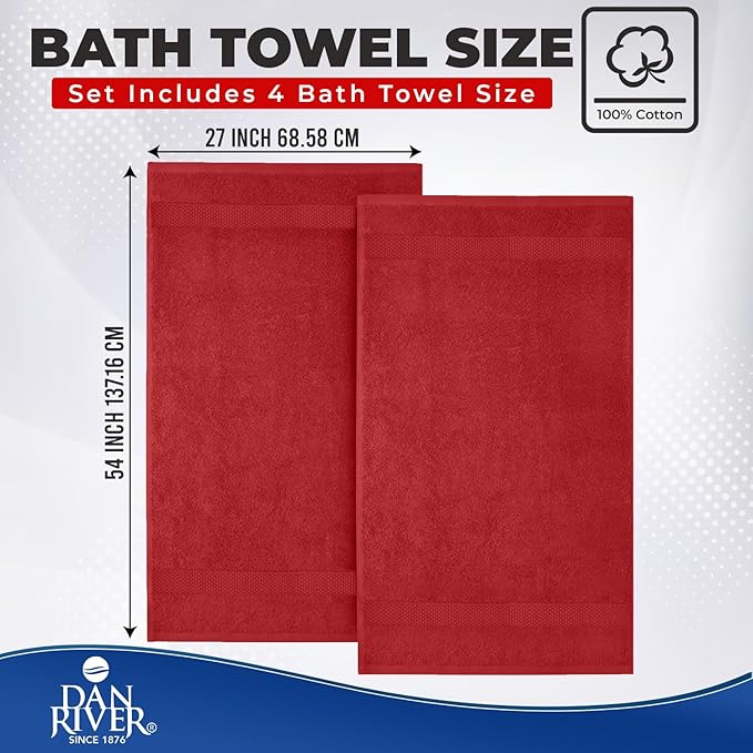 DAN RIVER Bath Towels Set of 4, 27 x 54 Inches, 100% Cotton, Larger & Lighter
