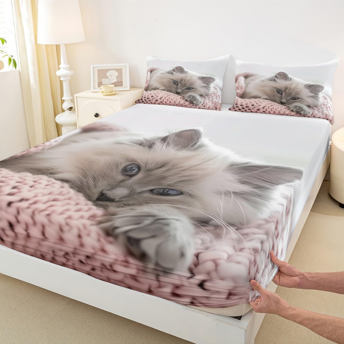jejeloiu Cat Fitted Sheet Twin Size for Kids Boys Girls Cats Print Bed Sheets Set 16" Deep Pocket Breathable Microfiber Animal Bedding with 1 Pillowcase White Room Decor
