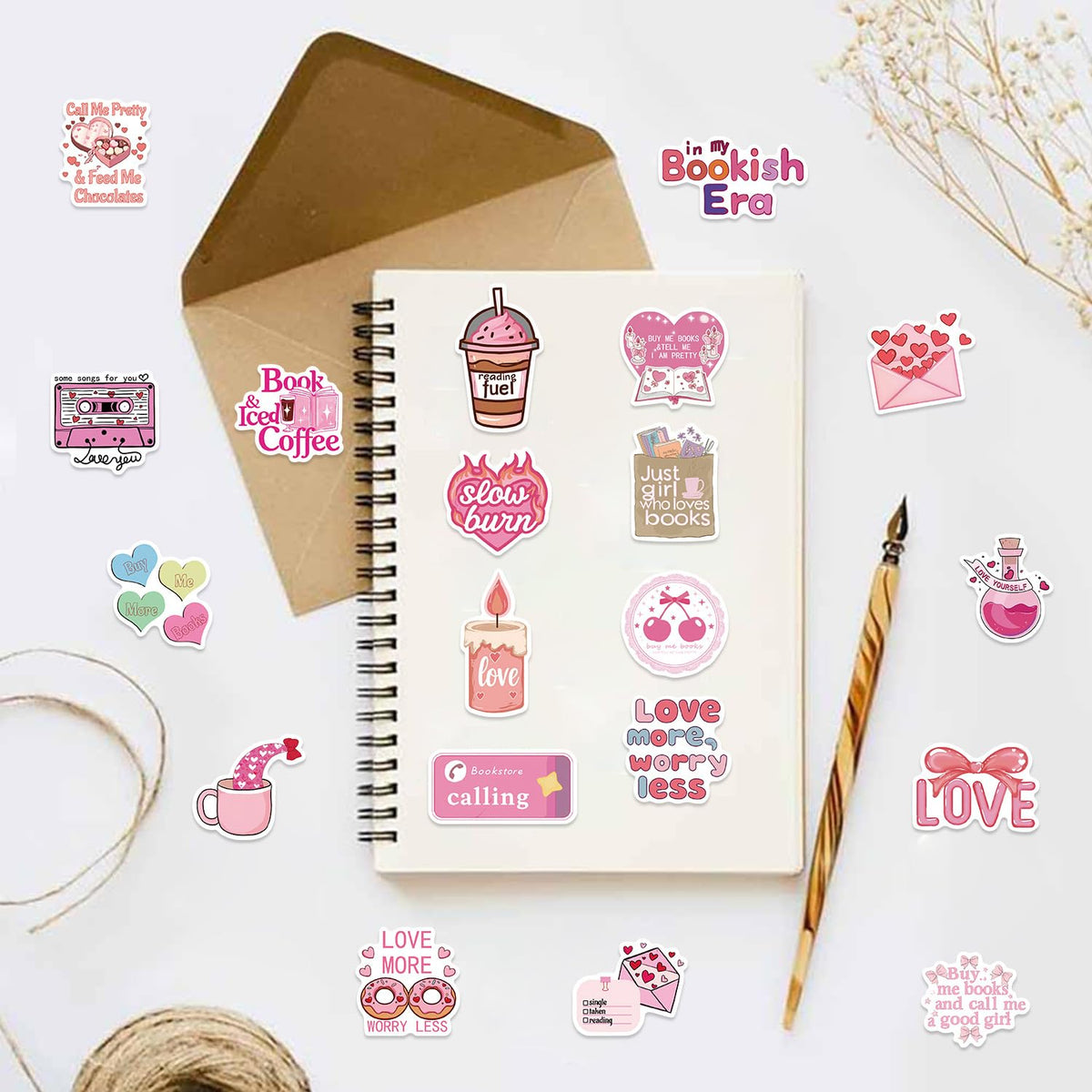50Pcs Pink Love Stickers, Waterproof Heart Self Loves Sticker, Cute Scrapbook Aesthetic Reading Decals Book Lovers Gifts for Greeting Cards Laptops Phone Cases Tumblers Water Bottles Girls (Love)
