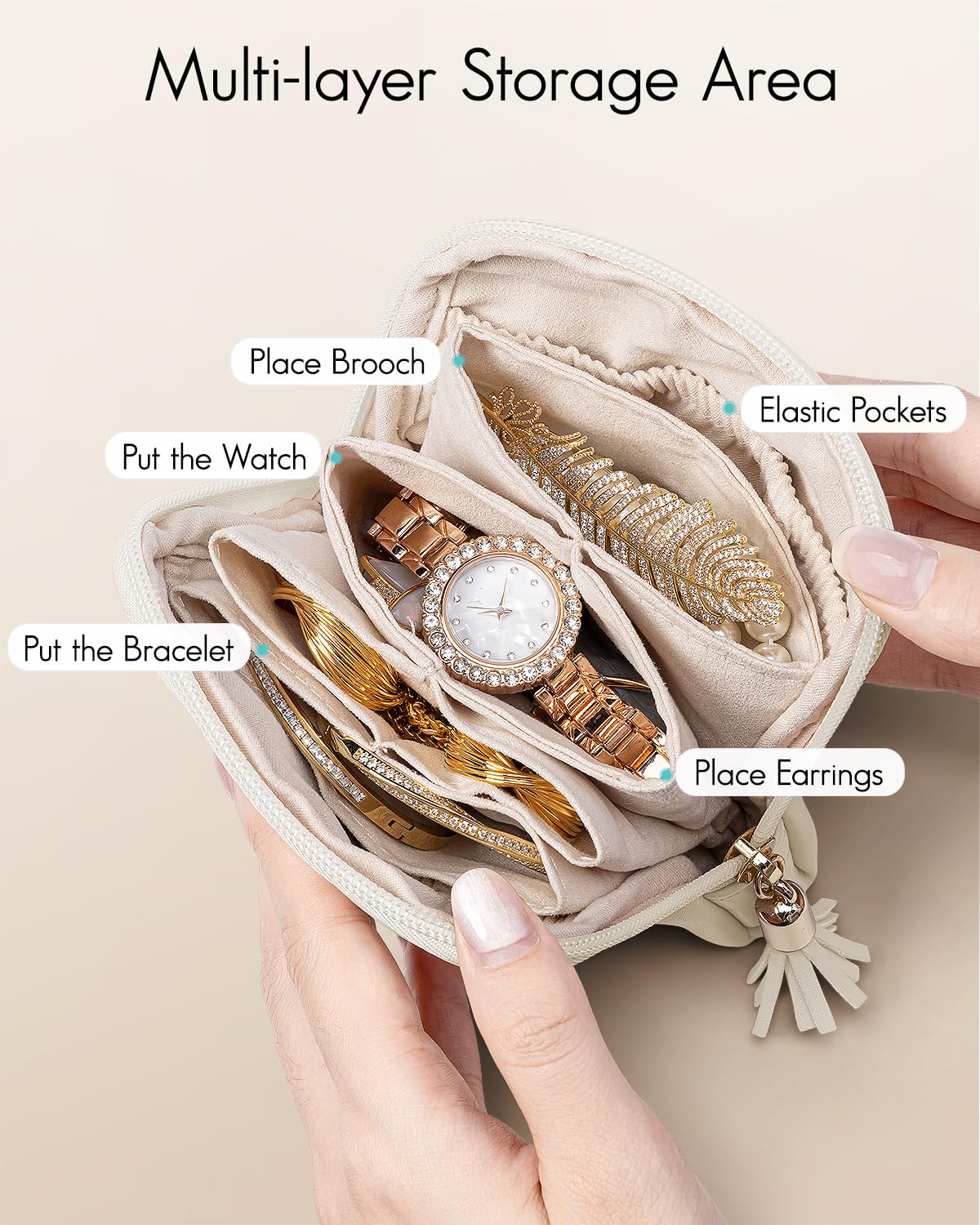 VLANDO Small Travel Jewelry Case,Mothers Day Gifts,Jewelry Pouch Bags with Zipper,Velvet Jewelry Organizer Storage Bag for Bracelet Rings Earring-Cream White