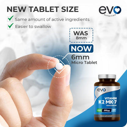 EVO NUTRITION Vitamin K2 MK-7 200mcg | 365 Vegetarian and Vegan Tablets (not Capsules) | 1-A-Day | Supports Maintenance of Normal Bones | One Years Supply of High Strength Vitamin K2 Menaquinone MK7