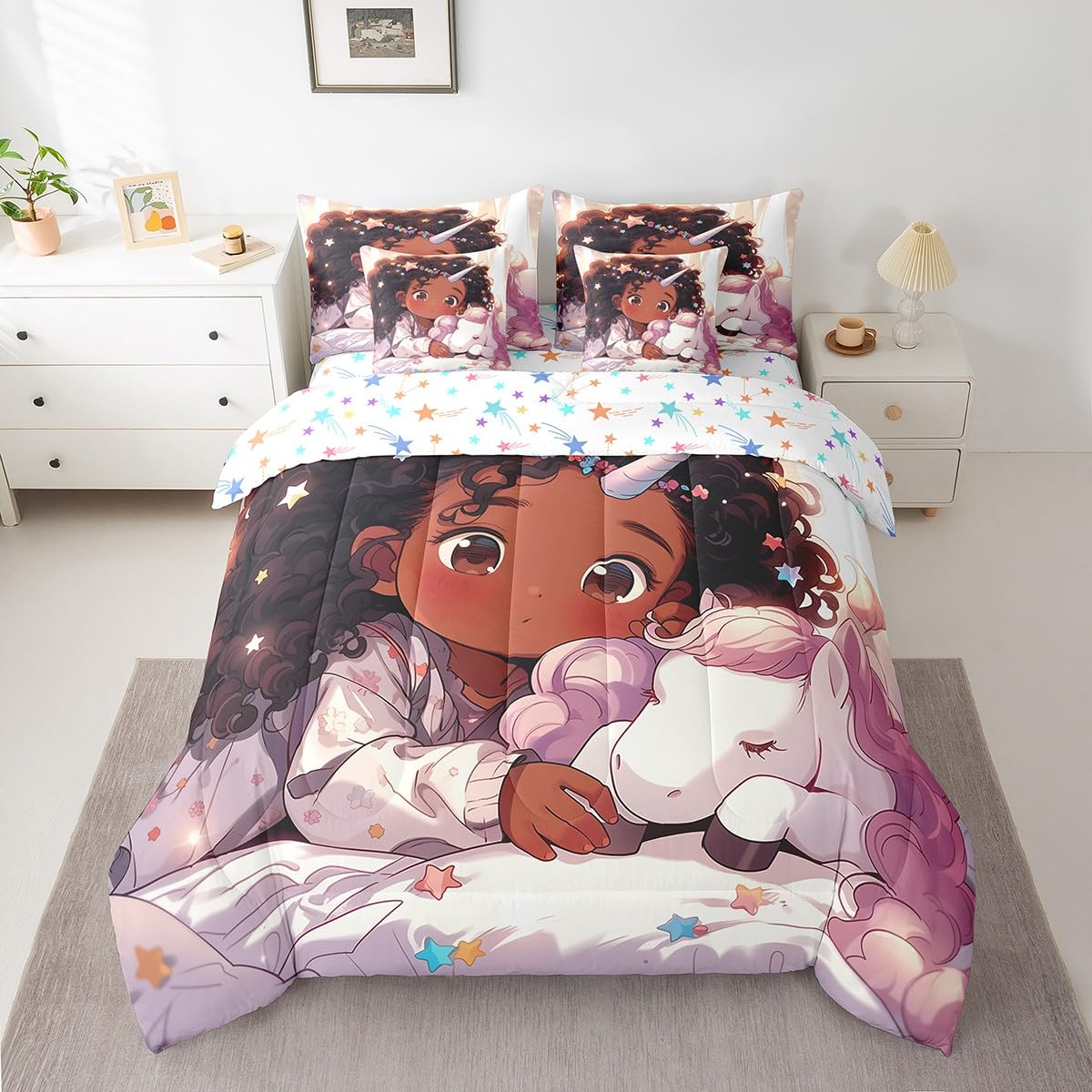 Cute Black Girl 7Pcs Comforter Set Full Size,Unicorn Bedding Sets for Kids Girls Boys,Africa Style American Bed in a Bag Dreamy Stars Fitted Sheet Flat Sheet,2 Throw Pillow 2 Pillowcases