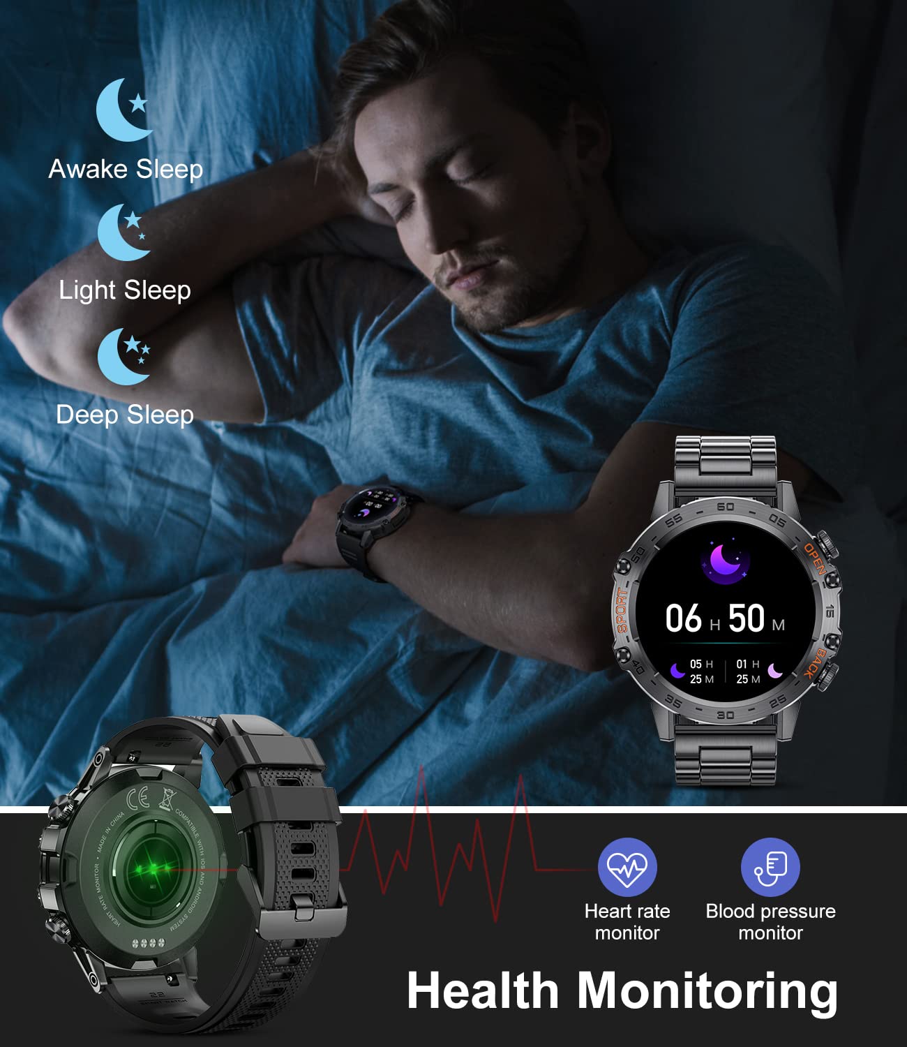 Military Smart Watch for Men, Smart Watches with Bluetooth Voice Call Compatible Android iOS Phone, Smartwatch with Heart Rate SpO2 Pressure Sleep Monitor, IP67 Waterproof Tactical Fitness Watch