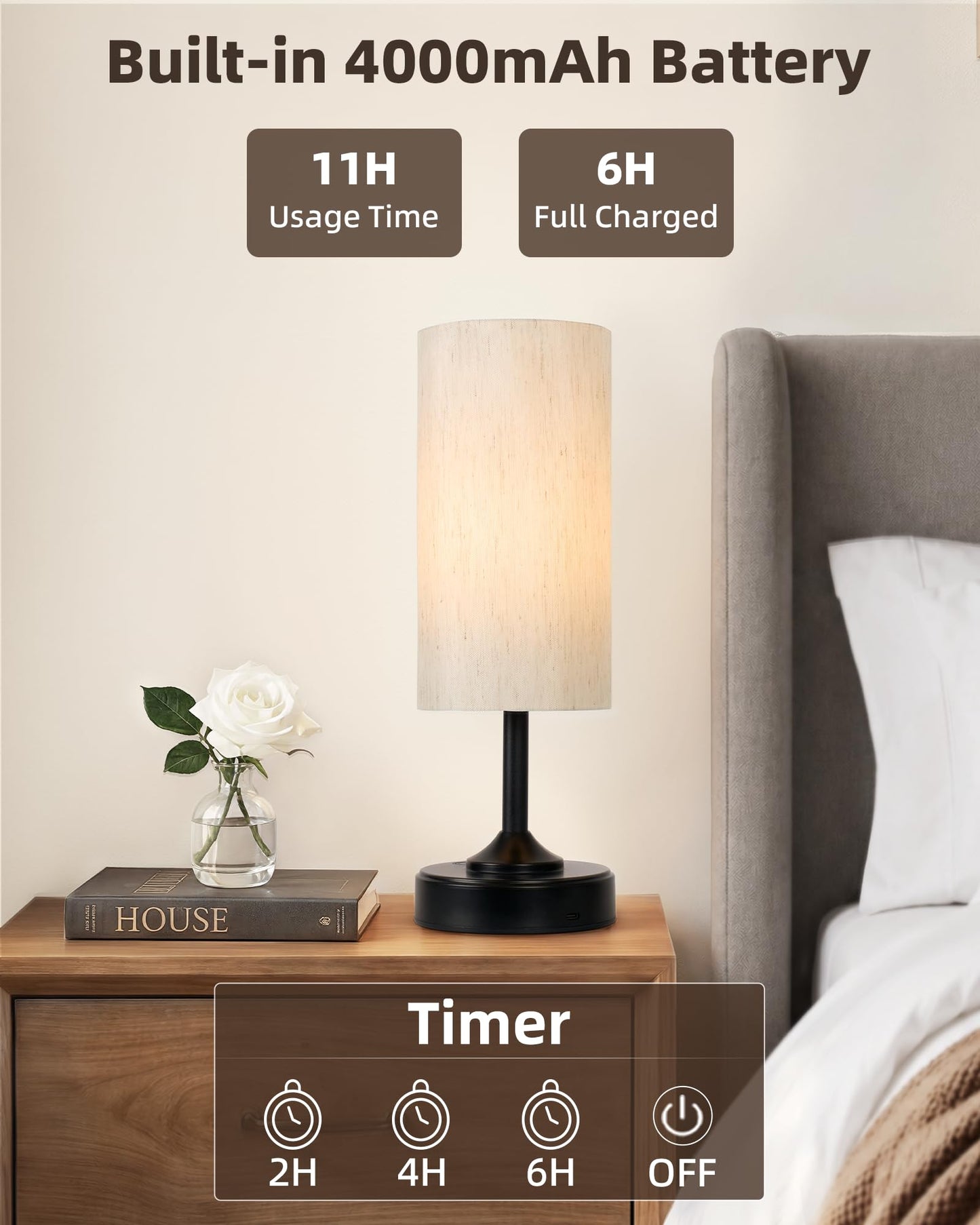 EZVALO Cordless Table Lamp, Ambient Light, Dimmable, Touch, Timer, 2700K, Decor, Portable, LED, Desk Lamp, Bedside, Kitchen Lamp, Wireless, Rechargeable, Battery Operated, for Bedroom, Living Room
