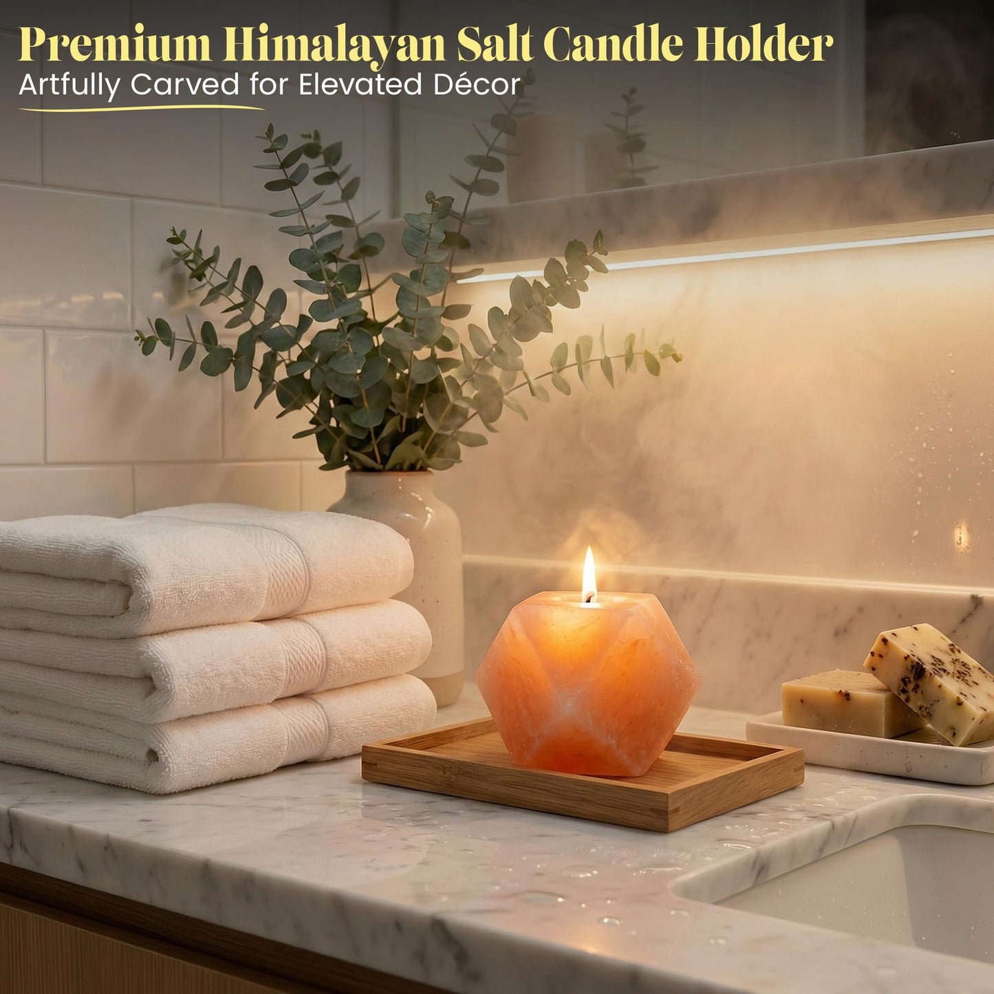 Himalayan Natural Salt Candle Holder – Premium Diamond Design, Hand-Carved Crystal, Includes 6 Tea Light Candles, Nice Glow for Home Décor, Meditation, Spa & Gifts