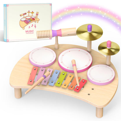 Toddlers Drum Set Toys for 1 2 3 Year Old Girls,Montessori Music Toy for Toddlers 1-3,Baby Drum with Xylophone,Musical Instruments Toy, Kids Birthday Gifts for Baby 18+ Months (Pink)