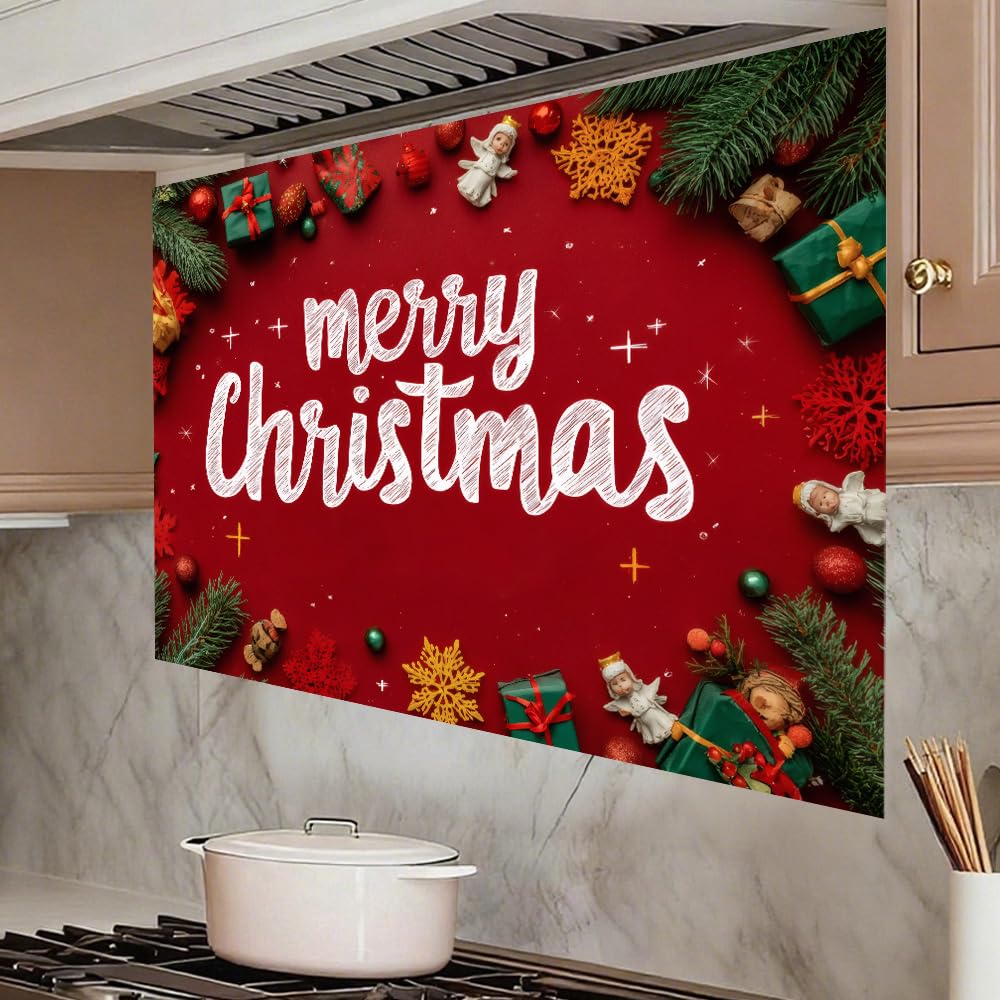 Kitchen Wall Decals 35.5x23.6 Inch Merry Christmas Lettering with Gifts Snowflakes and Pine Branches Peel and Stick Wall Stickers for Kitchen Living Room Holiday Home Decoration Removable