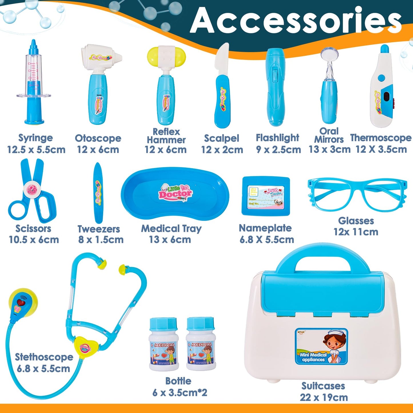 BUYGER 16 Pcs Kids Childs Toy Doctor Sets, Role Play Toys for 3 Year Old Boys, with Lights and Sounds, Gift, Blue