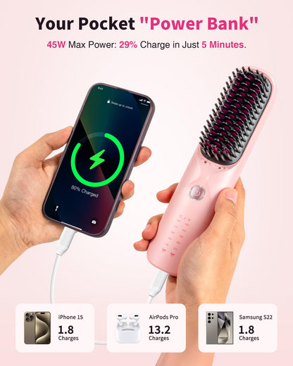Cordless Hair Straightener Brush - Portable Hair Brush for Travel - 30s Fast Heating - 300 Million Negative Ions for Frizz-Free Shine,Touch Up On-The-Go,Gift for Women,10000mAh