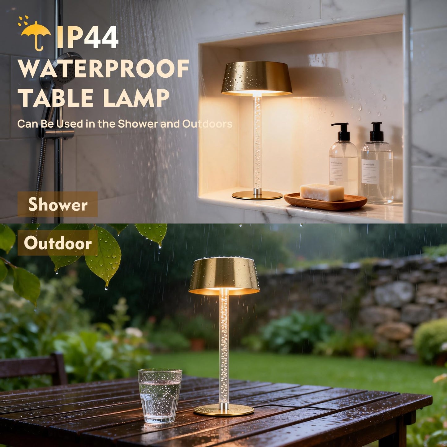 SisiHokai Waterproof Shower Rechargeable Lamp Cordless, LED Touch Battery Operated Table Lamp, Dimmable, Modern Home Decor, Outdoor, Patio, Bathroom, Bedroom, Bedside, Kitchen, Gold