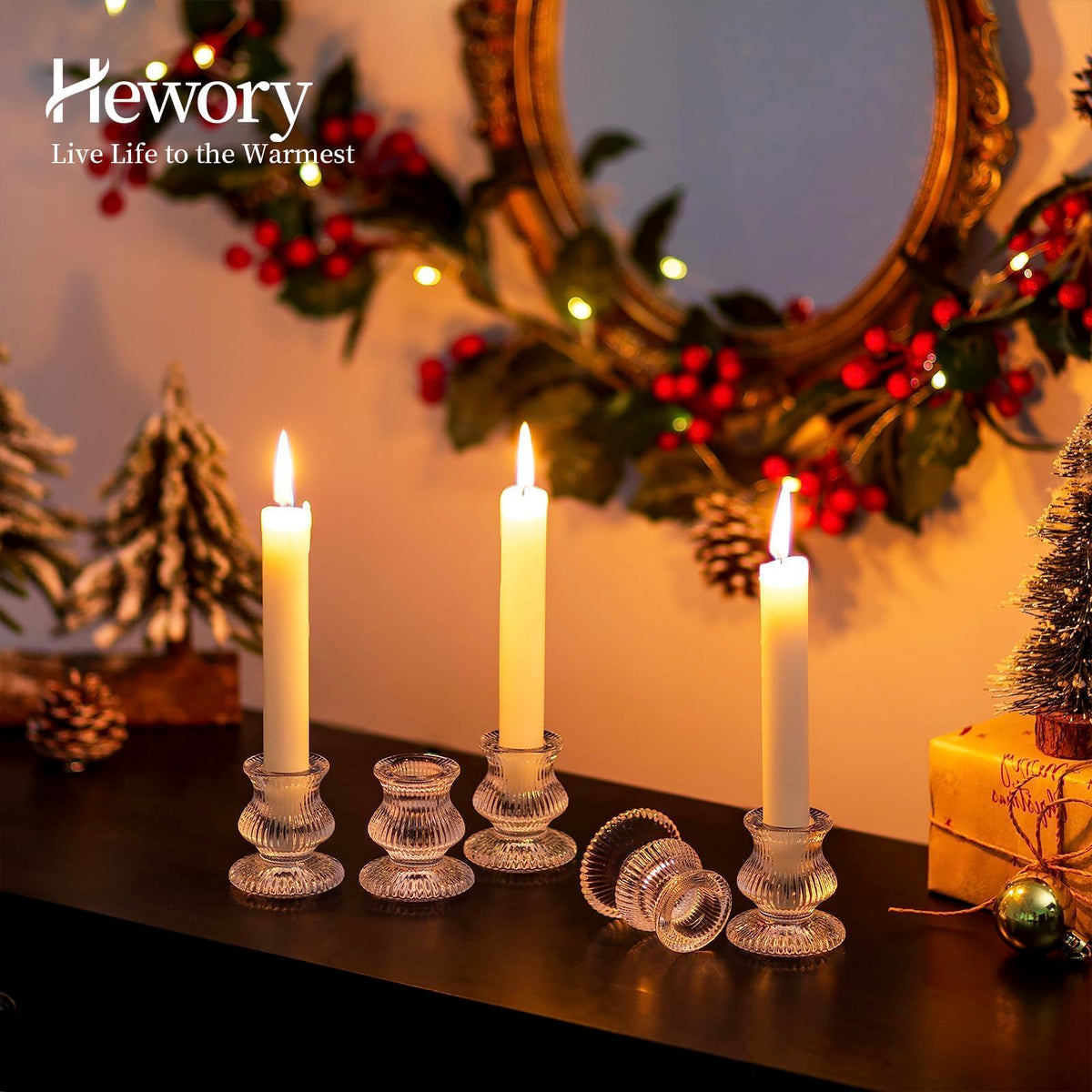 Hewory Glass Taper Candle Holders: 20PCS Clear Candle Holder Candlestick Holders, Crystal Ribbed Candle Sticks Holder Decor for Table Centerpiece Wedding Advent Wreath Christmas Thanksgiving Dinner