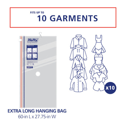 Hefty Hanging Compression Bags 3 Extra Long Vacuum Garment Storage Bags for Clothes, Travel, Closet Organization (60 X 27 Inches) (X-Large)