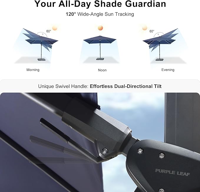 PURPLE LEAF 10 Feet Patio Umbrella with Base Outdoor Patio Solar Powered LED Swivel Square Umbrella Aluminum Offset Umbrella with 360-degree Rotation for Garden Deck Pool Patio, Navy Blue