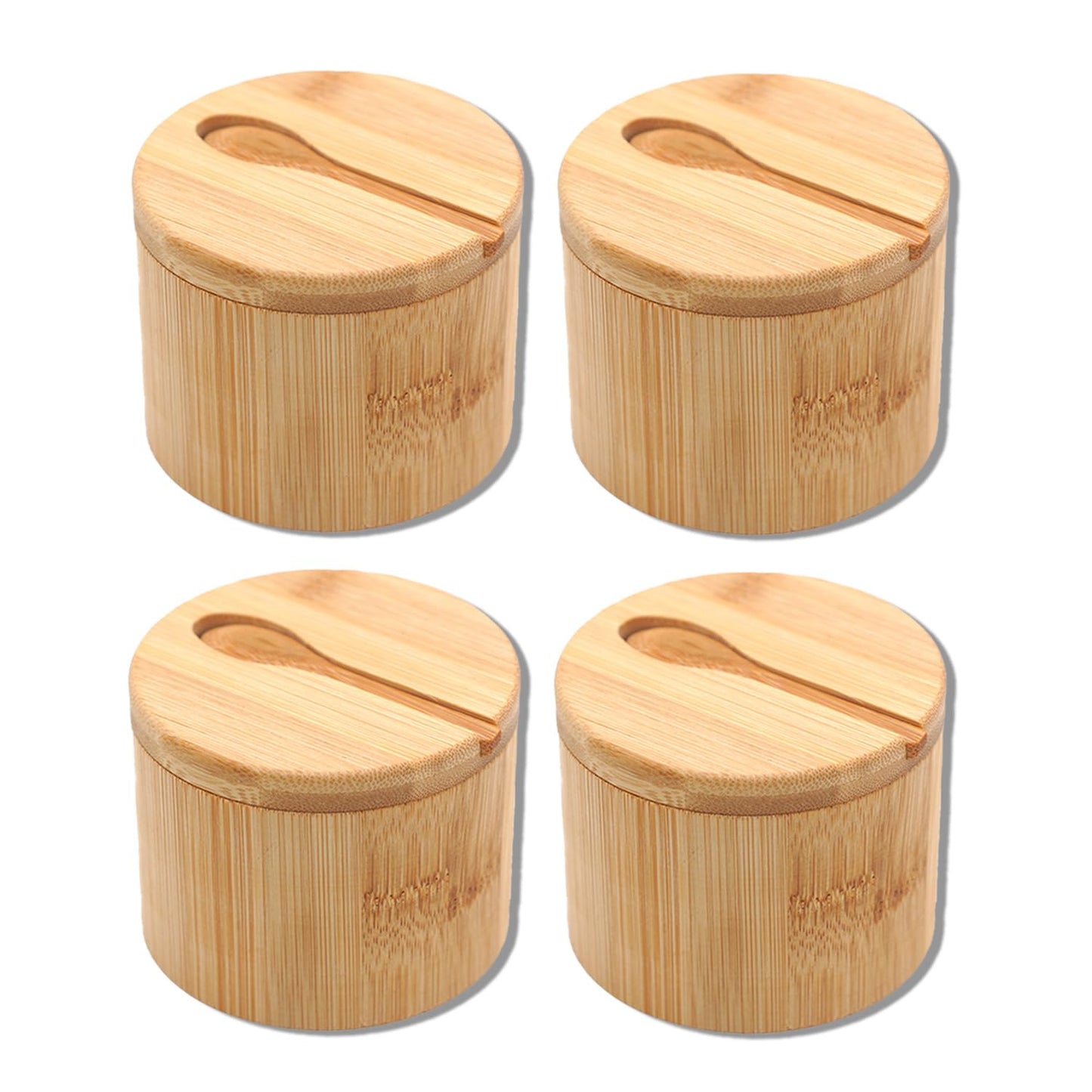 Bamboo Salt Cellar Set of 4 with Magnetic Swivel Lid & Spoon, Salt and Pepper Storage Container, Kitchen Countertop Organizer for Spices, Herbs