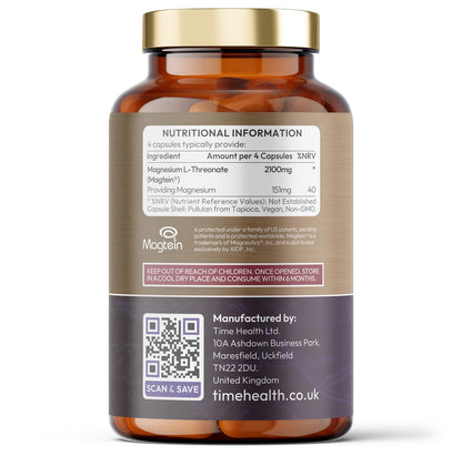 Magtein® Magnesium – 120 Capsules – High Strength 2100mg – Pullulan Capsules – UK Made to GMP & HACCP Standards – Zero Additives