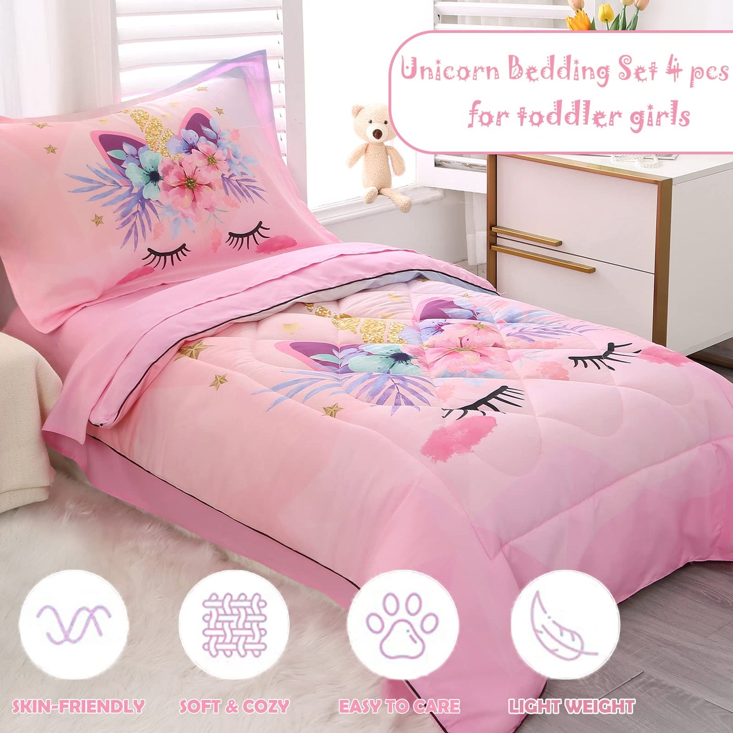 KINBEDY Toddler Bedding Set 4 Piece Pink Unicorn Crib Bedding Set for Girls Soft Cute Floral Toddler Bed Sheets Comforter Set Baby Bedroom Set, Include Comforter, Flat Sheet, Fitted Sheet, Pillowcase