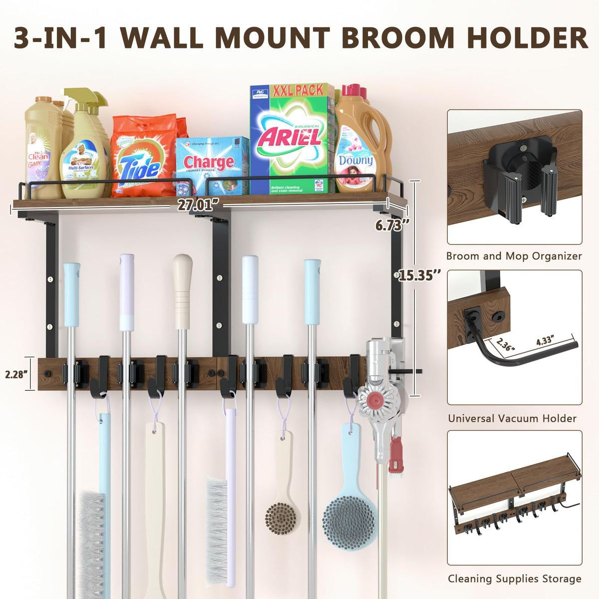 Casremee Mop Holder Wall Mount with Cleaning Supplies Organizer, Wood Mop and Broom Hanger Rack Organizer with Anti-Fall Wall Shelf with 5 Clips & Hooks for Garage Laundry Room Kitchen (Dark)