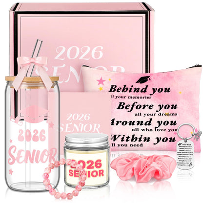Remerry 9 Pcs 2026 Senior Graduation Gifts Set Pink Graduation Gift Basket Glass Cup Keychain Cosmetic Bag Bracelet Scented Candle with Box for College High School for Women Daughter Sister Friend