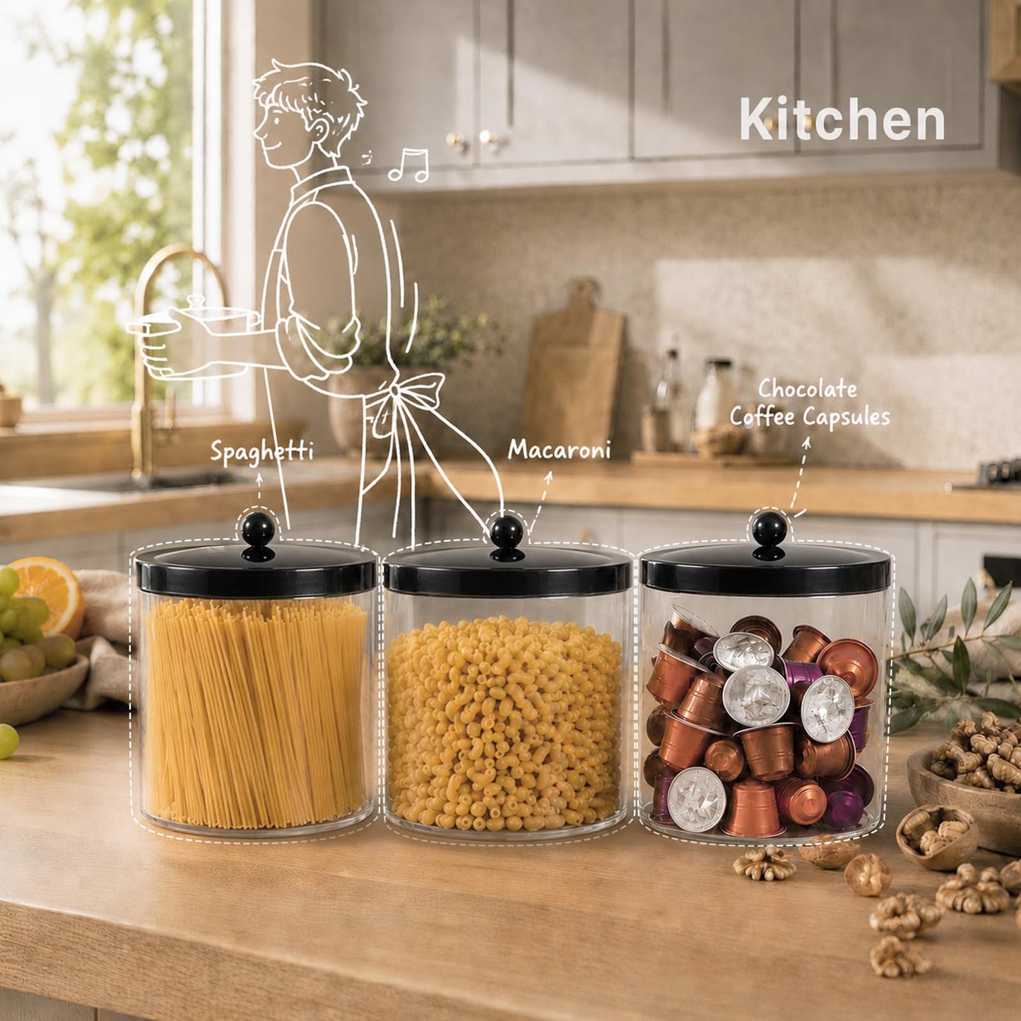 Sheechung 78oz Extra Large Acrylic Jar with Black Stainless Steel Lid- Clear Plastic Apothecary Jar for Laundry Organization, Scent Beads, Pods, Kitchen Pantry Storage, Pasta, Candy, Bathroom Vanity