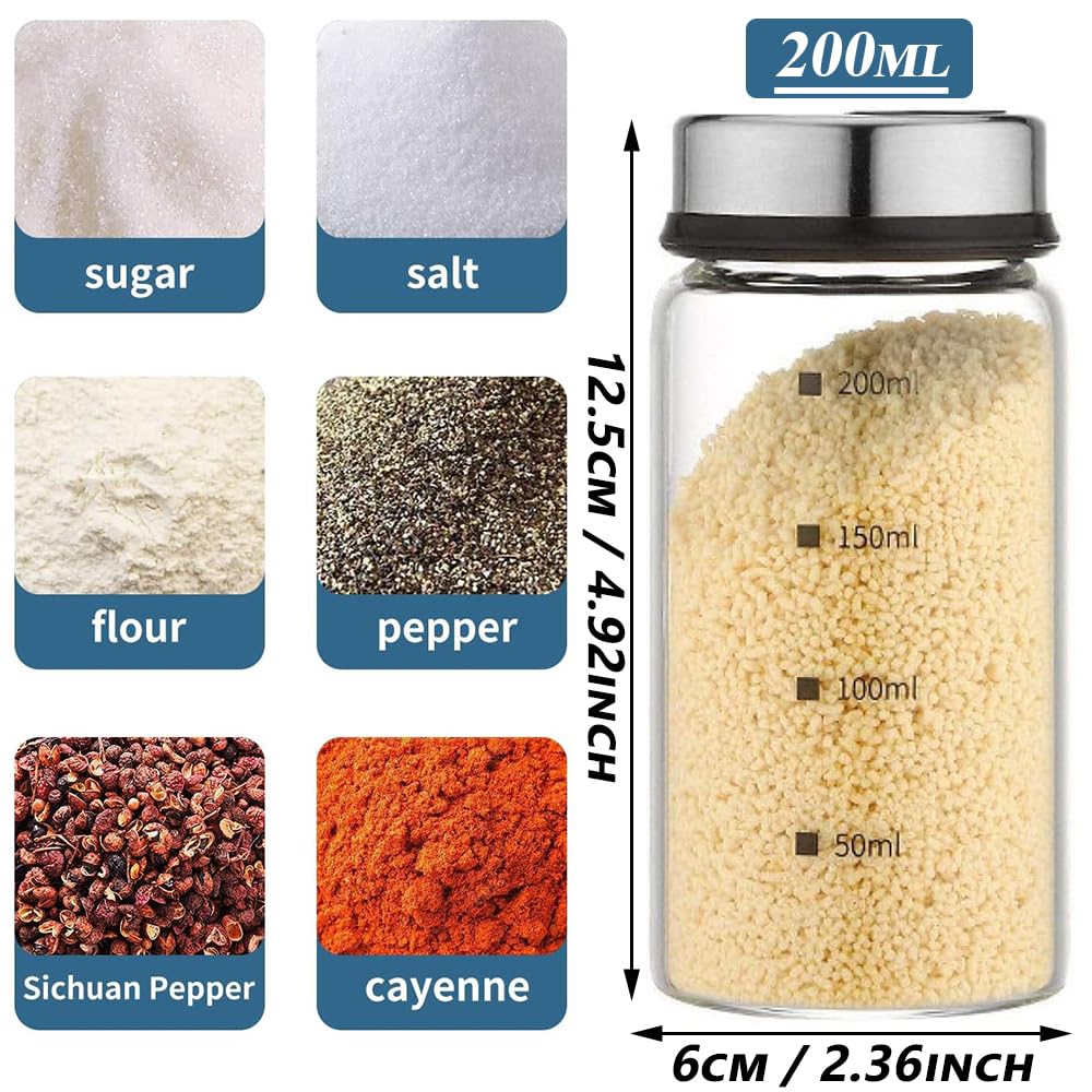 Aiareozy 2 Pack Salt Pepper Shaker, 200ml Salt Shaker with Adjustable pour Holes, Stainless Steel spice shaker, Glass Spice Jars with Shaker lids, Spice Container,salt container for Kitchen