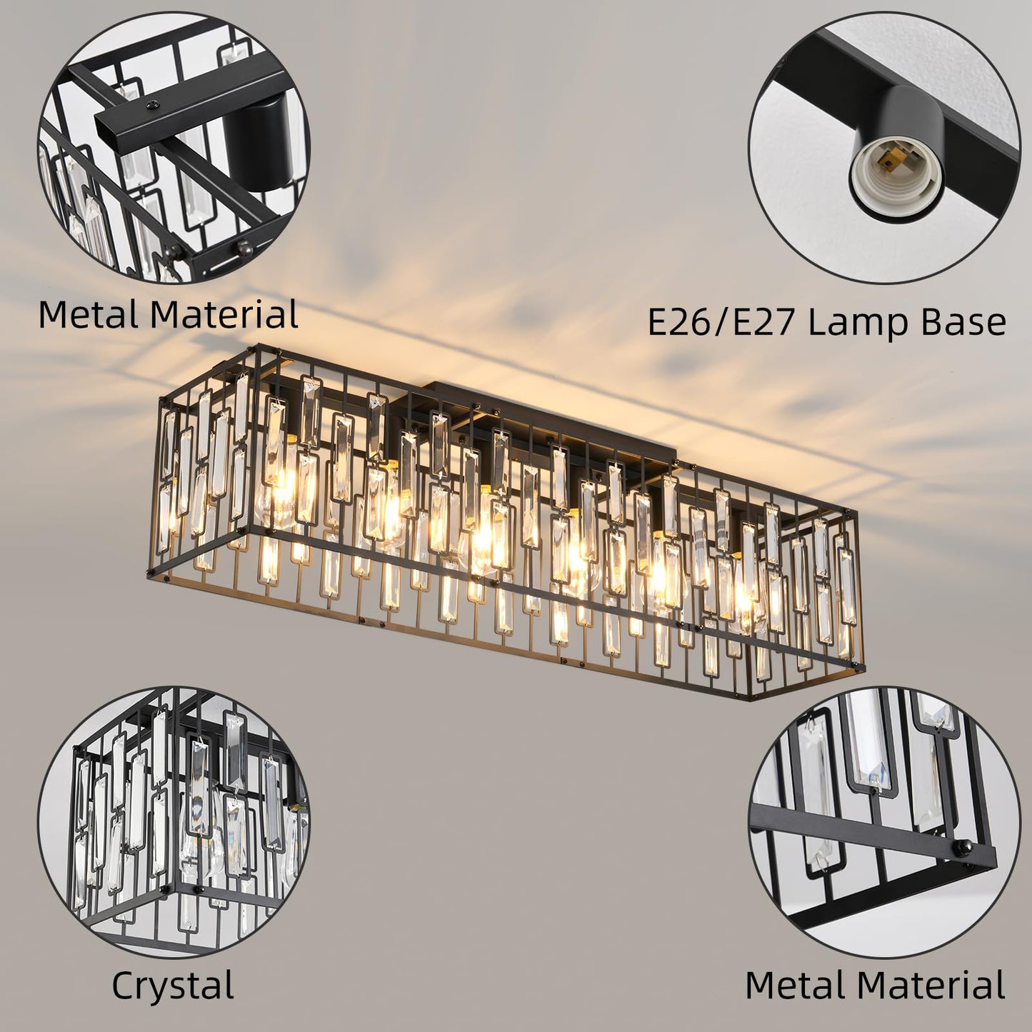 Garwarm 38.7 inch Modern Ceiling Light,6-Light Crystal Chandelier Black Rectangle Chandeliers, Dining Room Light Fixture Flush Mount for Living Room Kitchen Island Bar