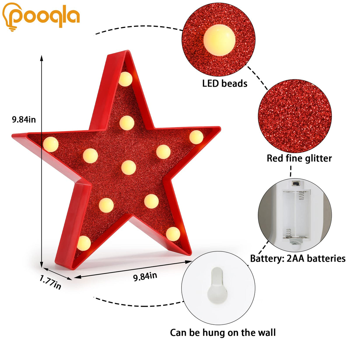 Pooqla Star Marquee Lights, Glitter LED Marquee, Red Light Up Star - Battery Powered Night Light for Birthday Party, Wedding, Christmas Decoration