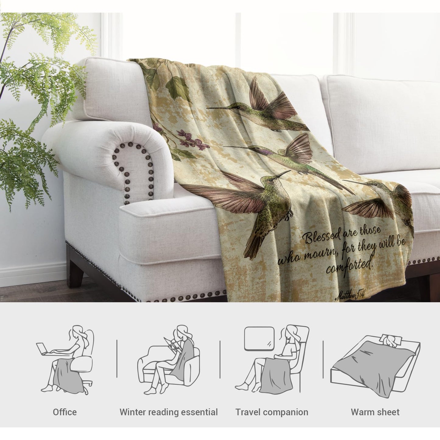 Levens Sympathy Christian Blanket 60"x50" Memorial Throw Blanket with Hummingbird Design, Inspirational Christian Gifts for Women Sympathy Gifts for Loss of Loved One Soft Healing Hummingbird Blanket