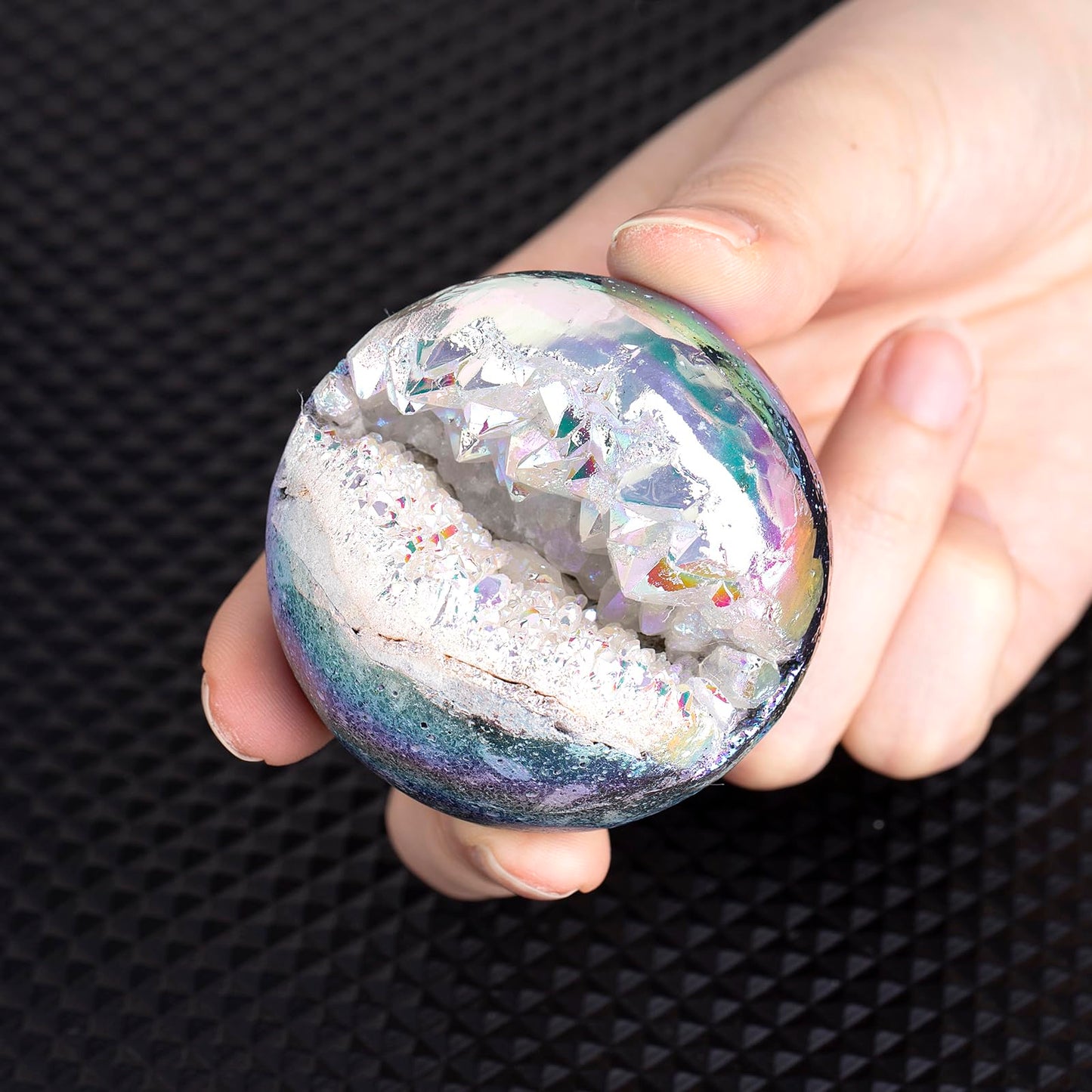mookaitedecor Angel Aura Quartz Geode Sphere 51-60 mm, Natural Rock Crystal White Titanium Coated Crystal Ball with Stand for Divination Witchcraft Home Decor