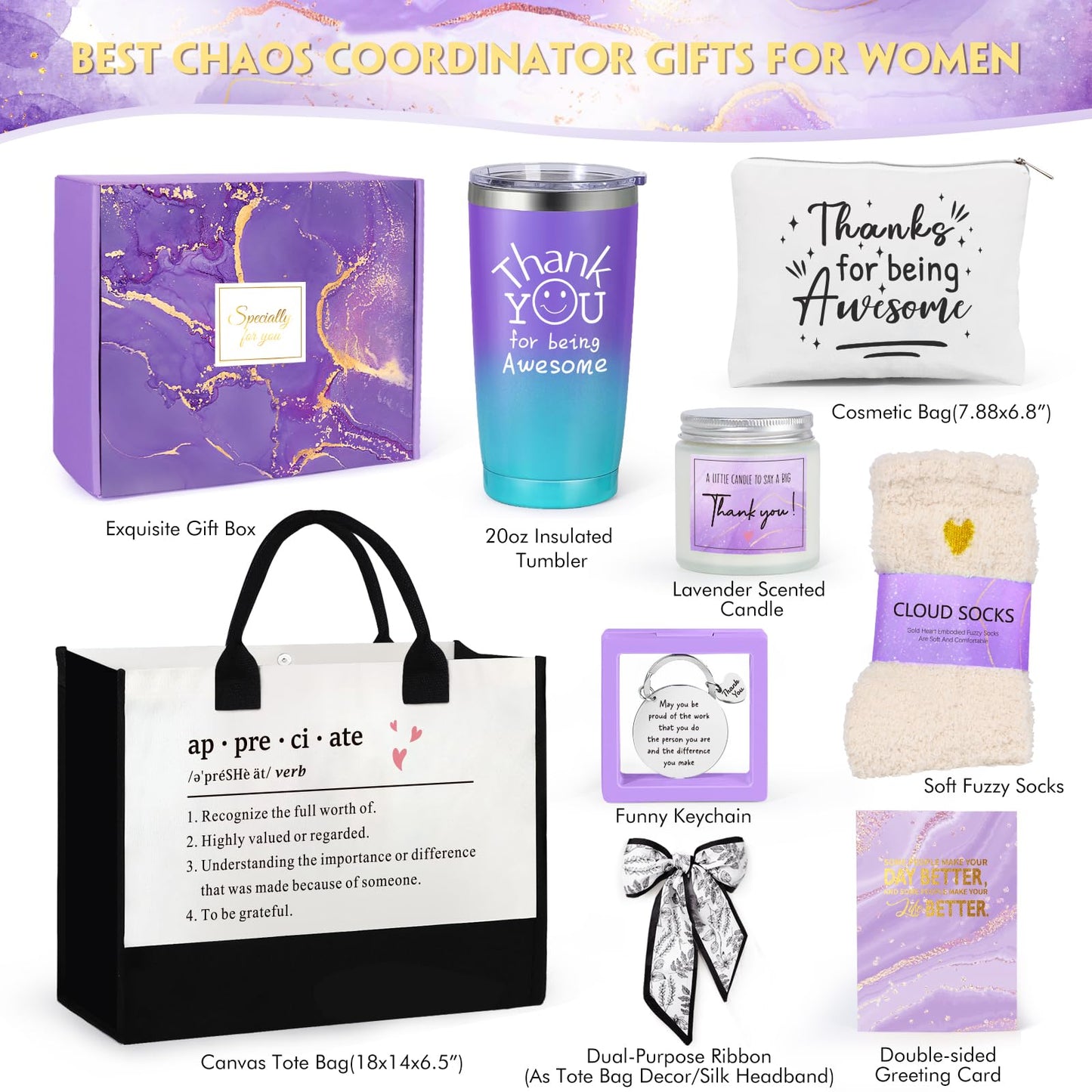 Suhctuptx Thank You Gifts for Women, Employee Appreciation Gift, Appreciation Basket for Coworkers Teachers Employees, Gratitude Box with Canvas Tote Bag Thank You for Being Awesome Tumbler Purple