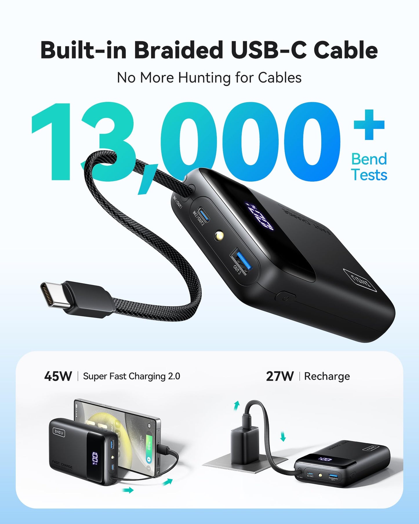 INIU 20000mAh Power Bank, Small Portable Charger, 45W PD Fast Charging Battery Pack with Build in USB-C Cable, Travel Phone Charger for iPhone 17 16 15 14 Air Samsung S25 S24 Google iPad Xiaomi, Black