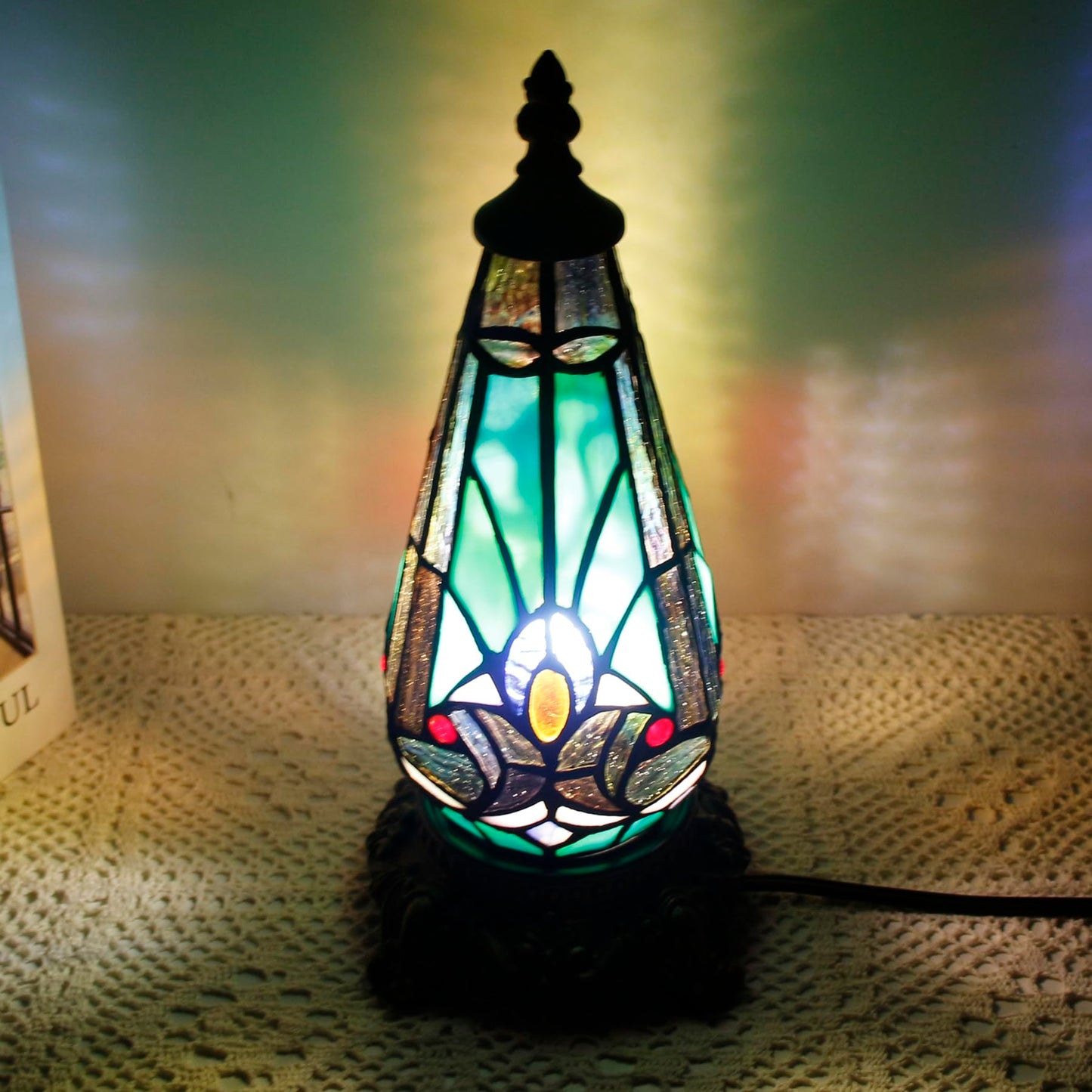 TCODTPOL Small Tiffany Lamp Stained Glass Table Lamp 5.5X11 Inch Christmas Tree Lighthouse Mini Accent Memory Sympathy Antique Night Light for Bedroom Living Room (Green Liaison)