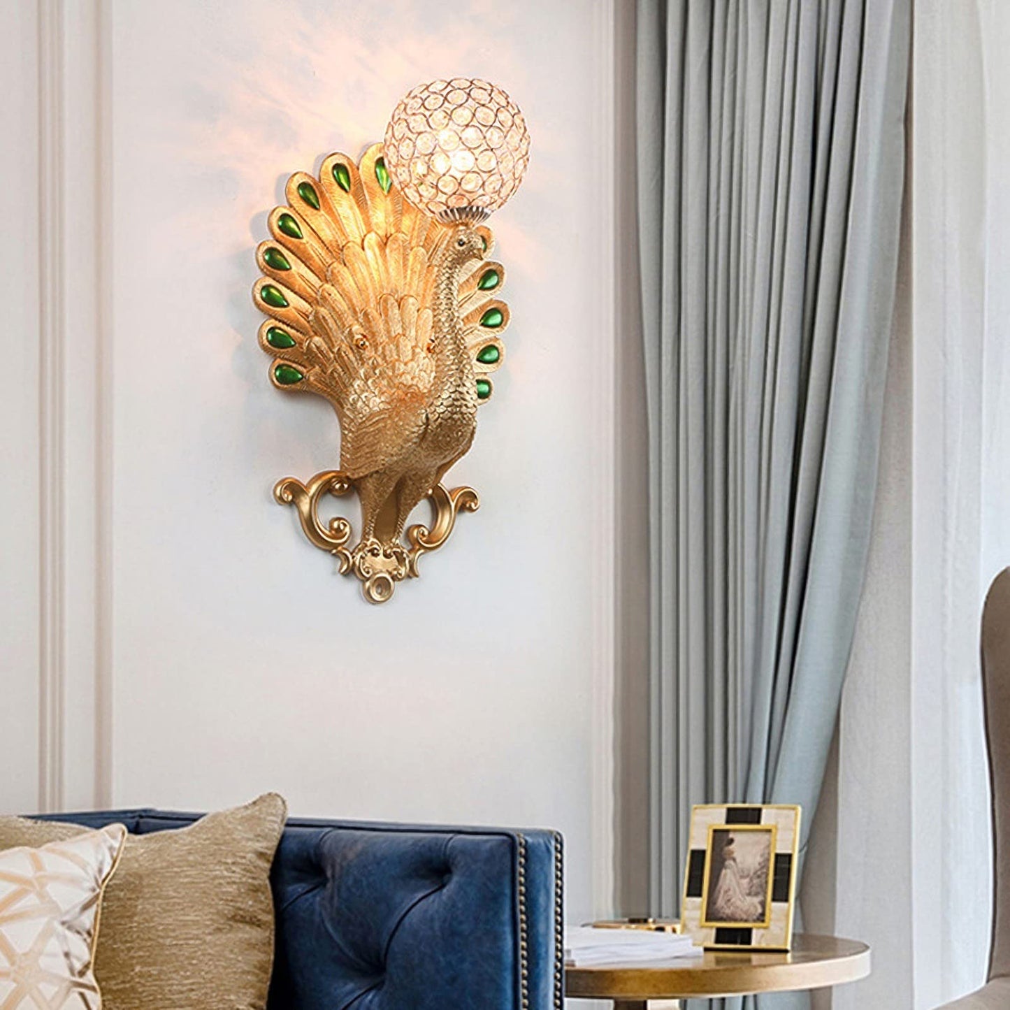 CEKUXPS Modern Resin Peacock Light Wall Sconce, Gold Crystal Wall Lamp, 20.4" x 12.2" x 12.2", Living Room, Bedroom, Kitchen, Dining, Study, Hallway