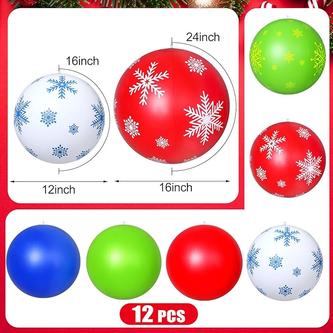 Jetec 12 Pcs Giant Inflatable Christmas Ball Inflatable 16 Inch 24 Inch Christmas Ornaments Outdoor PVC Christmas Balls for Tree Yard Hanging Holiday Garden Indoor Outdoor Decor