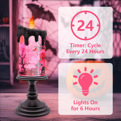 Halloween Snow Globe Candle with Pink Graveyard Scene – LED Flameless Candle with Water Glitter Swirls, Battery Operated Light Up Halloween Decoration for Indoor Tabletop or Mantel