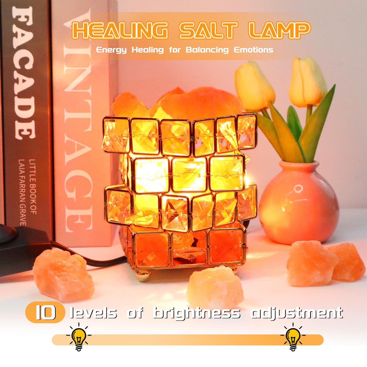 Natural Himalayan Pink Salt Lamp, Dimmable Single Lighting, Plug-in Powered, Crystal Salt Rock Lamp, Glow Night Light for Bedroom Office, UL & ETL Certified Cord