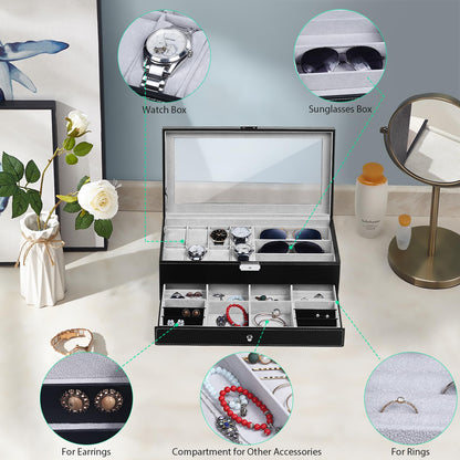 TomCare Watch Box Watch Case Jewelry Organizer Holder Jewelry Display Box Case Sunglasses Storage Organizer Lockable with Glass Top and PU Leather for Men Women, Black