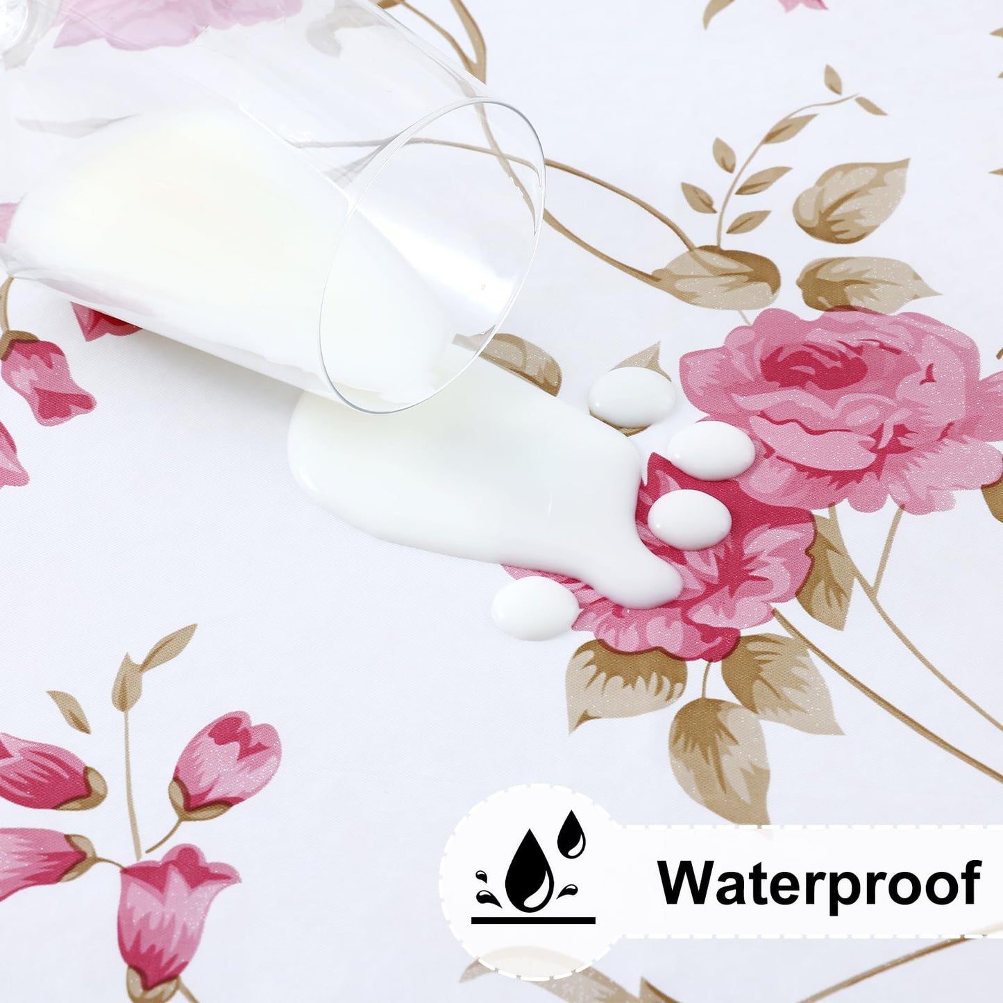 misaya Round Fitted Tablecloth with Elastic Edge, 100% Waterproof Oil Proof Plastic Table Cover, Vinyl Flannel Backed Tablecloth Fits 36"-44" Round Tables for Dinner, Outdoor, Picnic, Pink Flowers