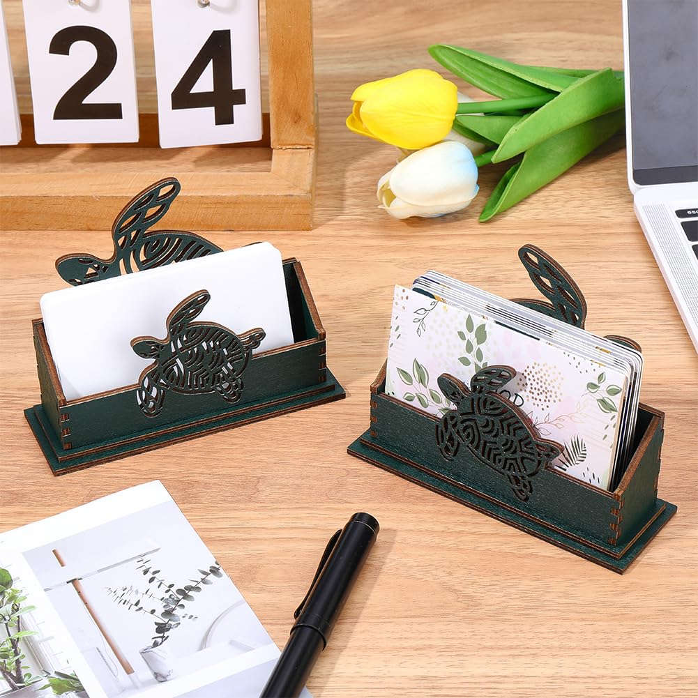 CREATCABIN Sea Turtle Business Card Holder for Desk Wooden Decorative Business Cards Display Stand Green Open Postcard Organizers for Desktop Office Home Tabletop Exhibition Decor 4.5x1.6x3.5Inch
