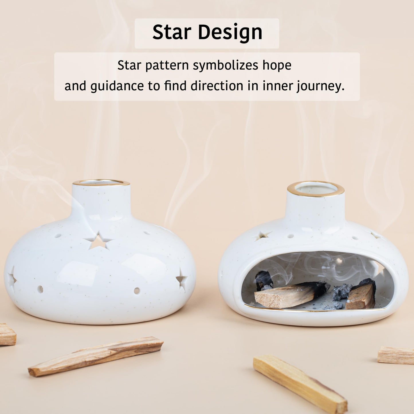 ZenBless 3 in 1 Incense Holder for Palo Santo Sticks Sage Incense, Handcrafted Ceramic Incense Burner Holder Ash Catcher with Chimney, Smudge Bowl for Yoga Meditation Room Home Decor