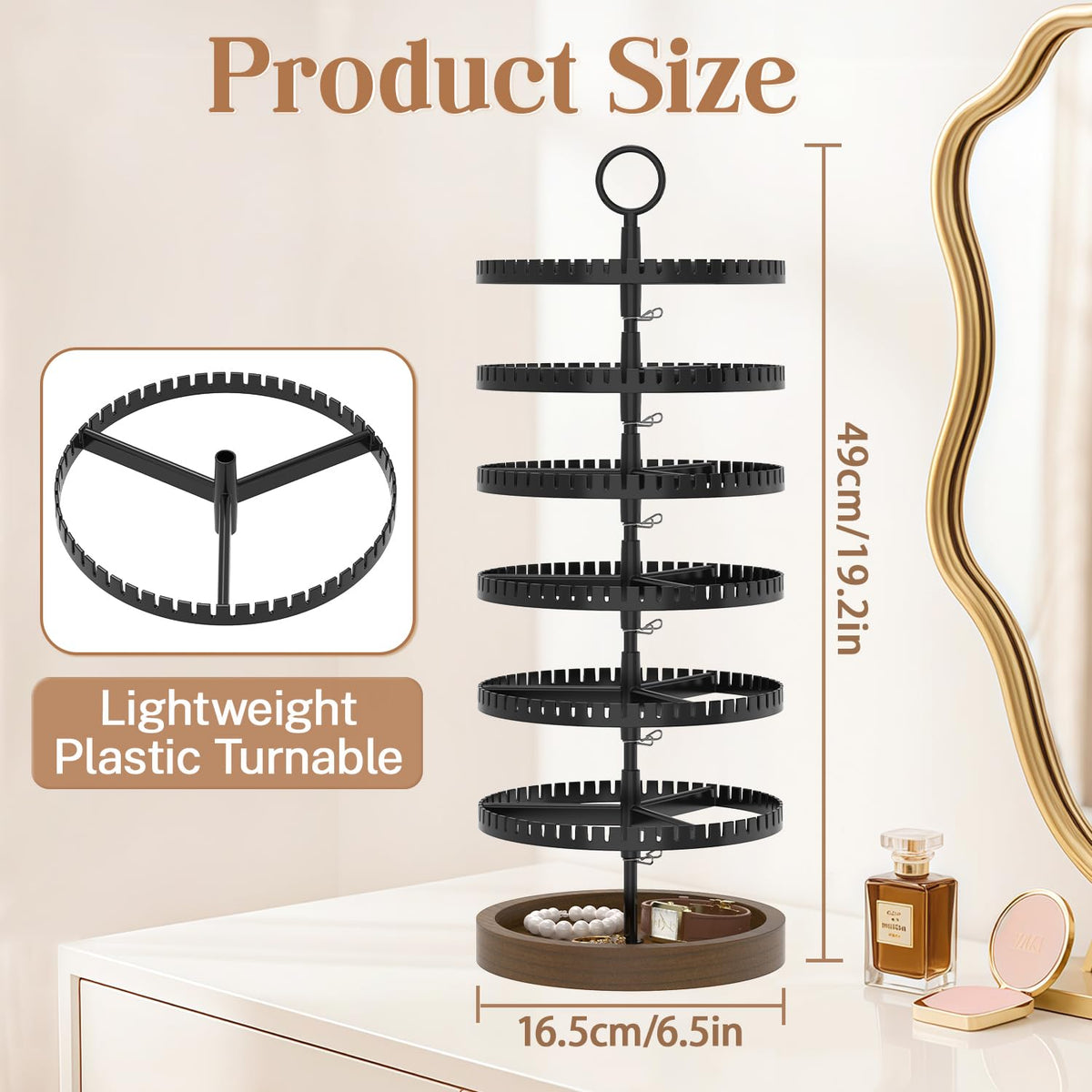 iDavosic.ly 6 Tier Rotating Earring Holder Organizer with Wooden Tray, Large Dangle Display Stands Tree with 342 Plastic Grooves, Adjustable Hoop Storage Rack, Space Saving Tower, Black & Brown