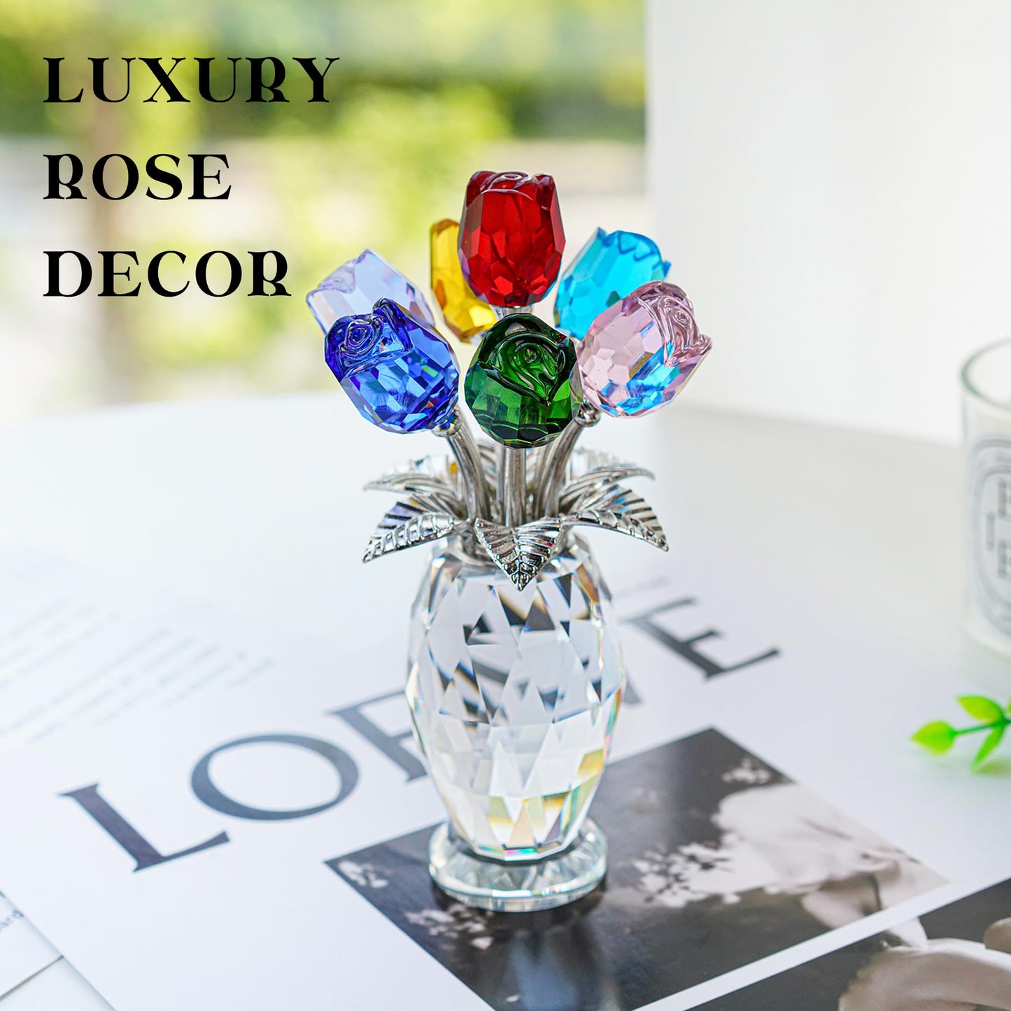 H&D HYALINE & DORA Colorful Crystal Rose Figurine - Rose Flower Gifts for Women - Wedding Party Collectible Figurines - Gift Box Included
