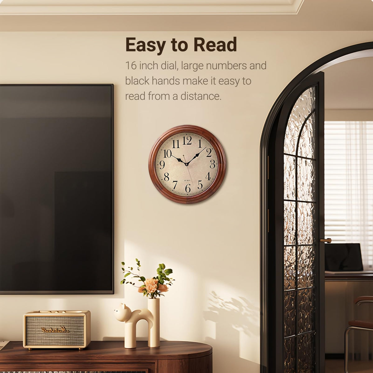 Auafanzy 16 Inches Wooden Wall Clock with Retro Design, Large Round Wood Wall Clock with Big Arabic Numerals, Battery Operated Silent Non-Ticking Brown Clock for Living Room, Kitchen, Bedroom.