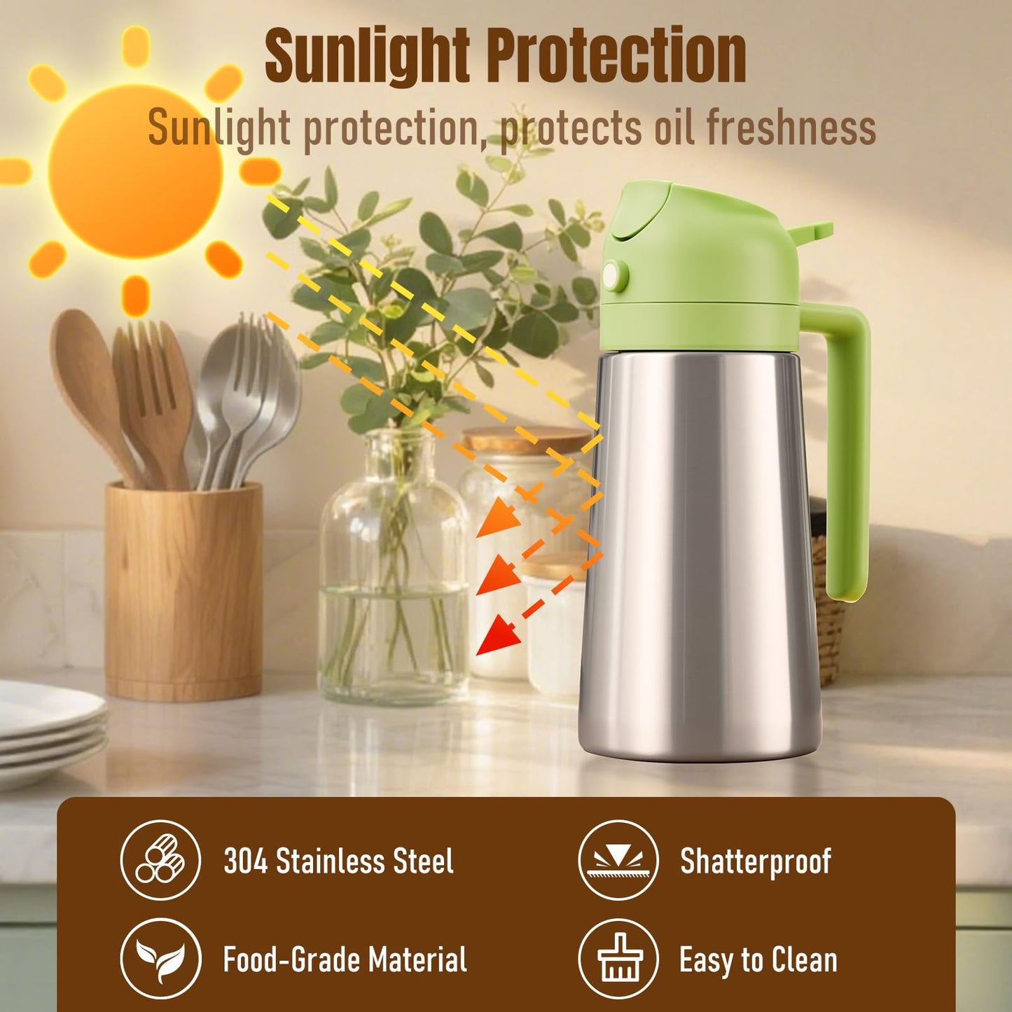 PARACITY Oil Dispenser Bottle with Stainless Steel Shell & Ceramic Sprayed Interior, 2 in 1 Olive Oil Sprayer and Dispenser, Oil Spray Bottle for Cooking, Kitchen, BBQ, Air Fryer, Salad, Baking(Green)