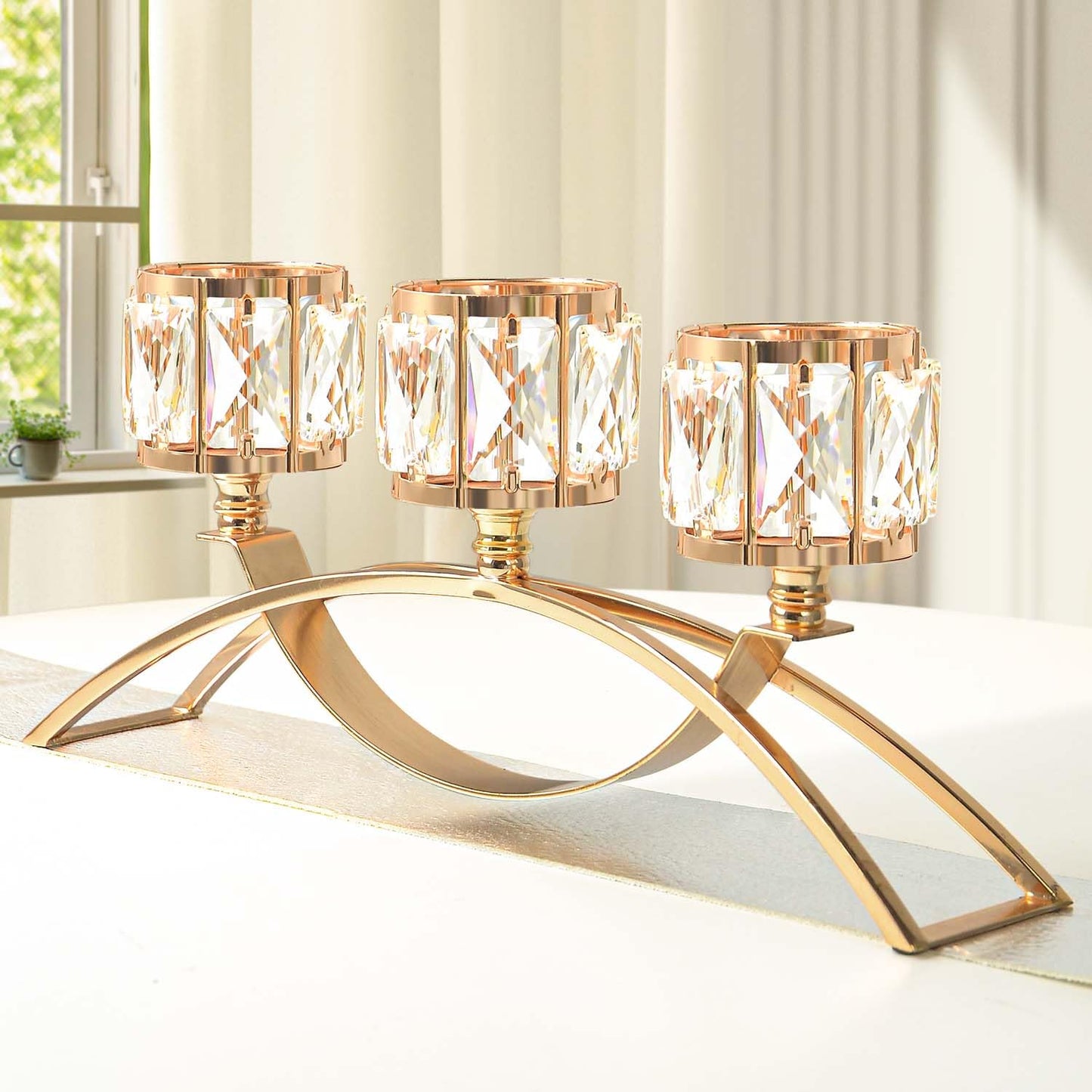 KEHAIL 3 Arms Crystal Candle Holders, Arch Candlestick Table Candelabras Centerpieces for Wedding, Dinning Room, Cabinet Ornaments, Home Decoration， Gift (3-arm Arched, Gold)